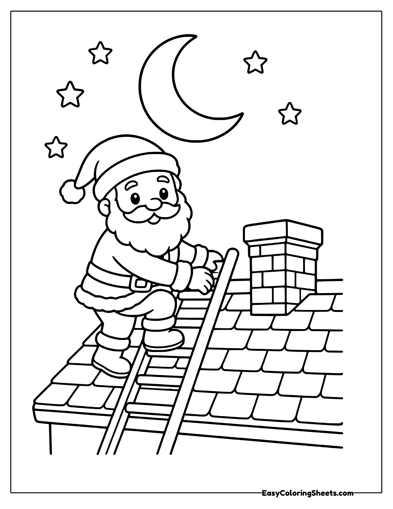 Santa climbing a ladder up a tiled roof under a crescent moon