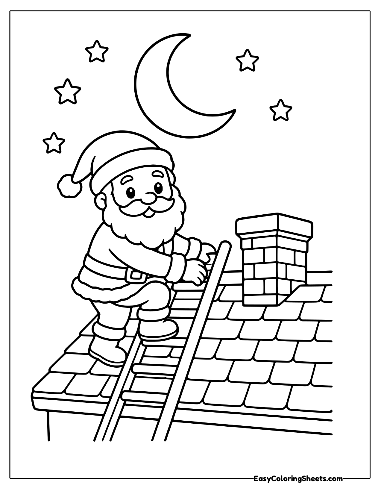 Santa climbing a ladder up a tiled roof under a crescent moon