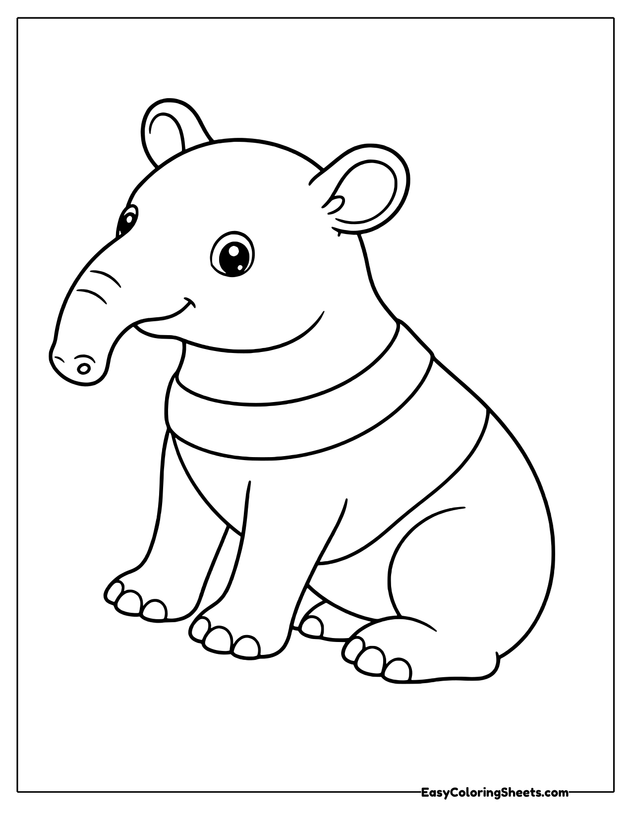 A tapir sits with a band around its middle like a Malayan tapir's pale saddle.