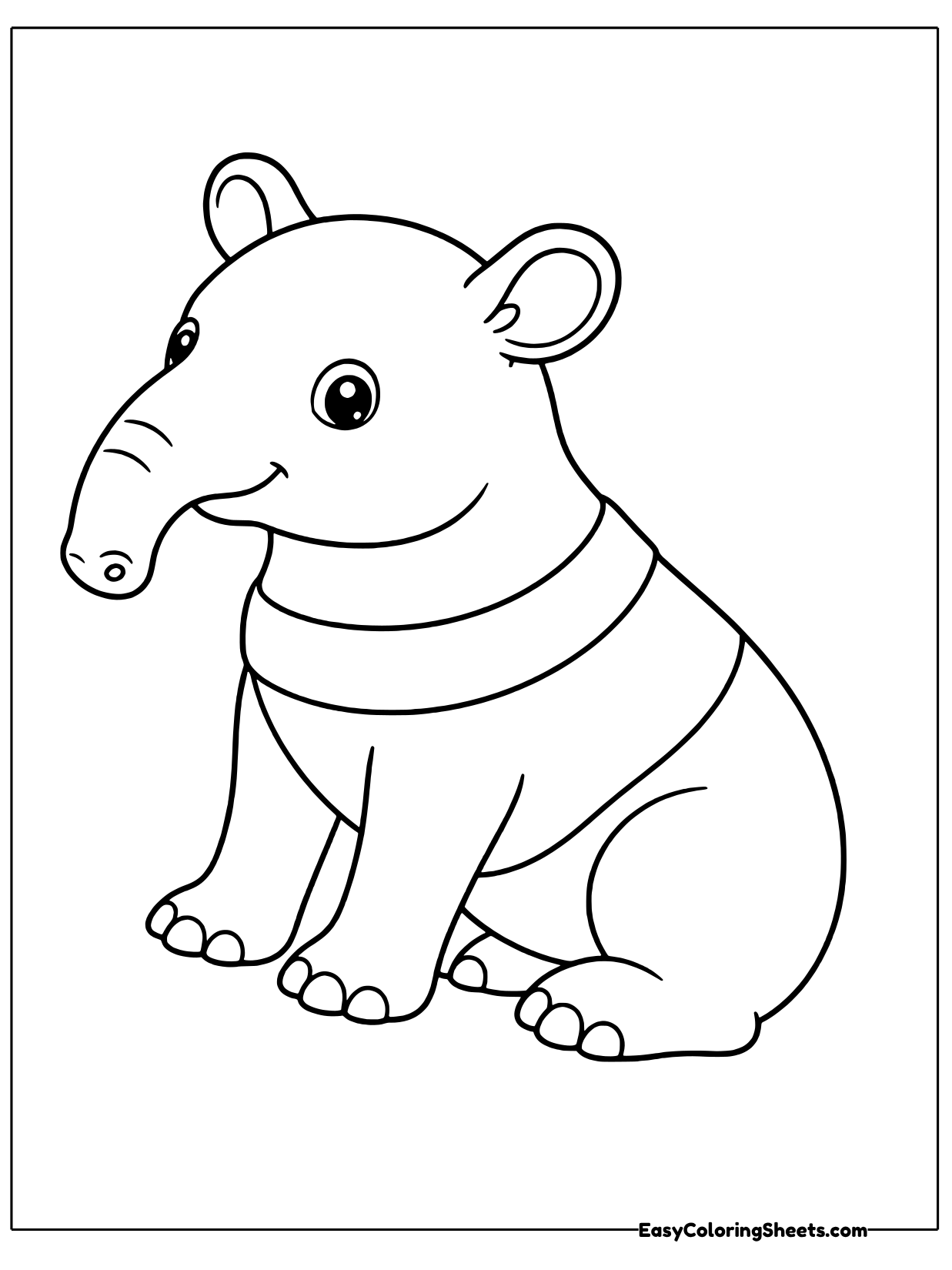 A tapir sits with a band around its middle like a Malayan tapir's pale saddle.