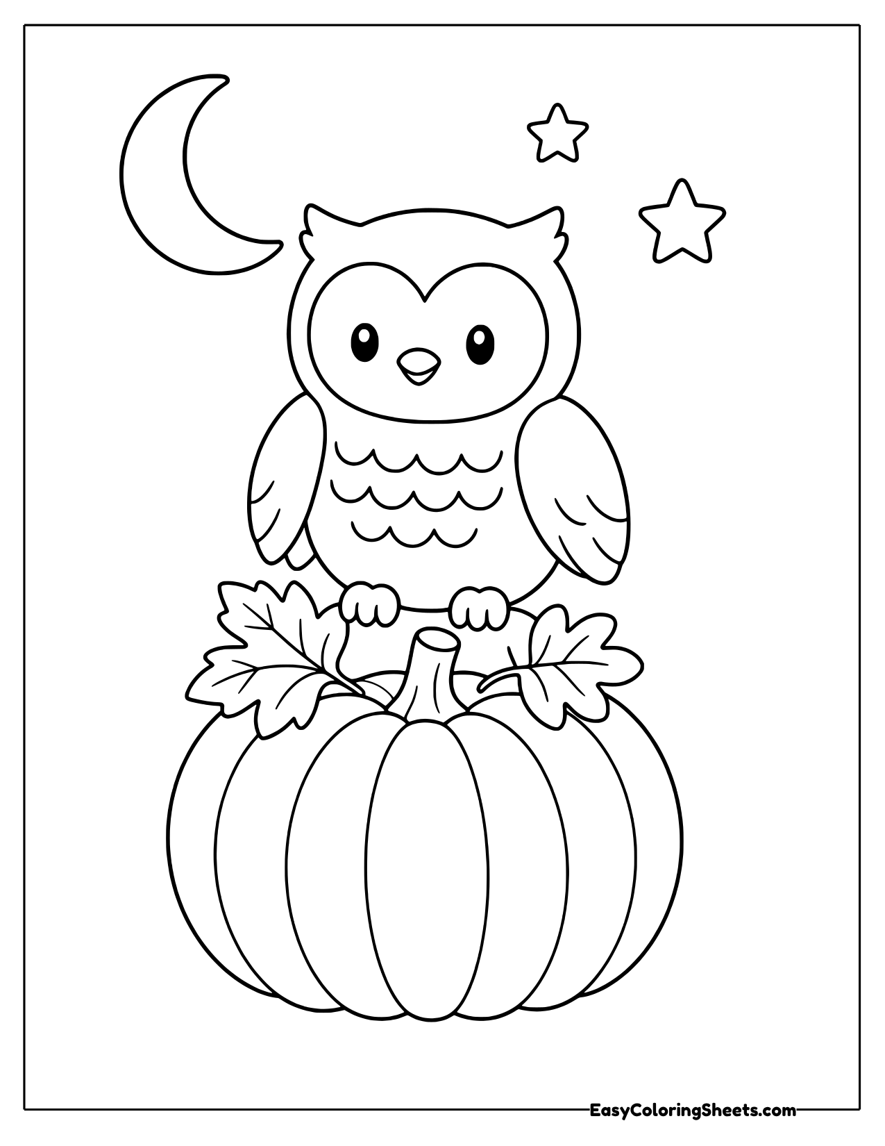 Owl sitting on a pumpkin under a crescent moon