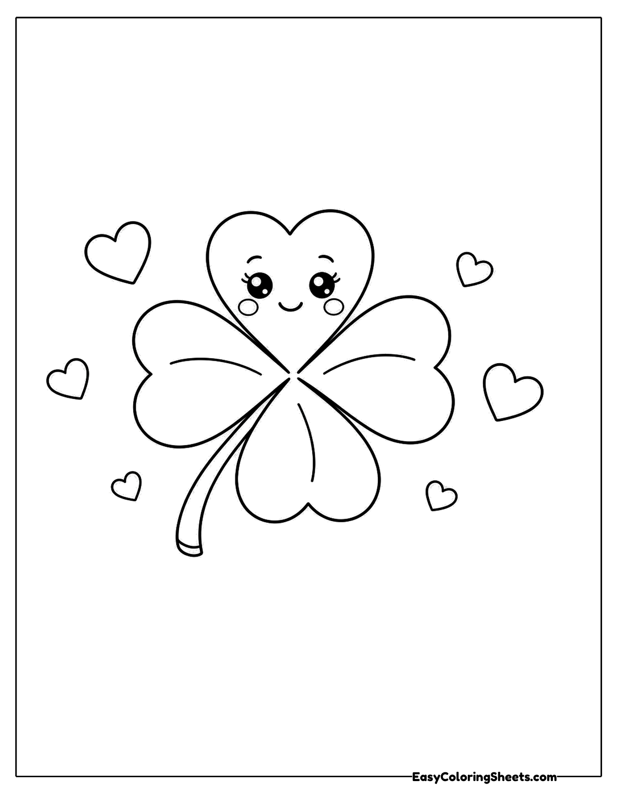 Cute four-leaf clover surrounded by hearts