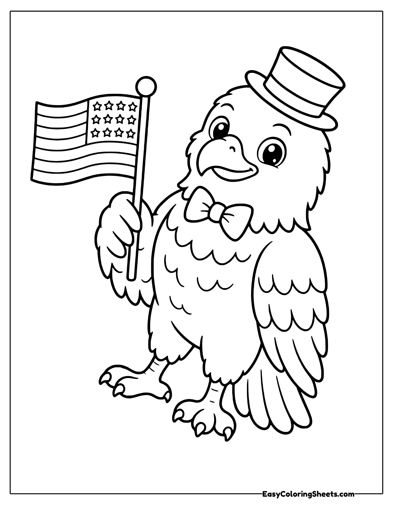 Cartoon bald eagle mascot in a top hat and bow tie waving an American flag