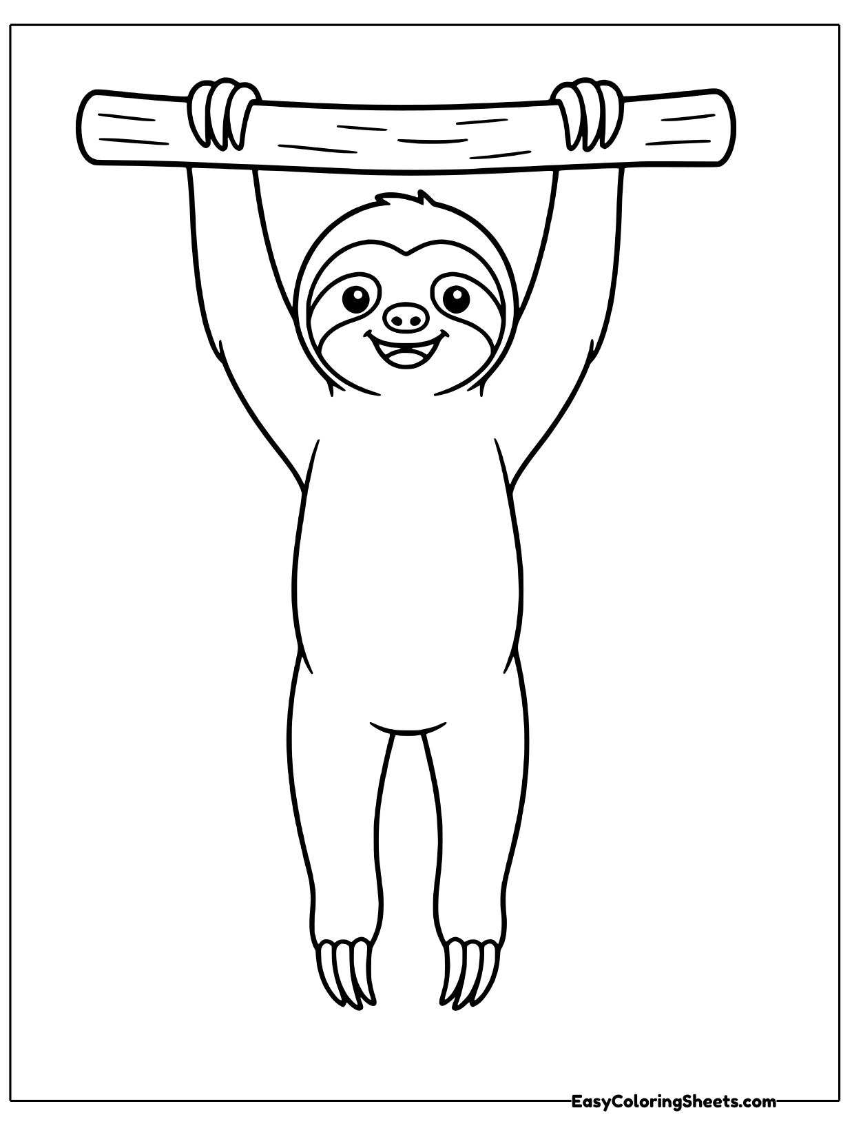 A lanky sloth hangs straight down from a horizontal branch, both arms stretched overhead and its legs dangling below.