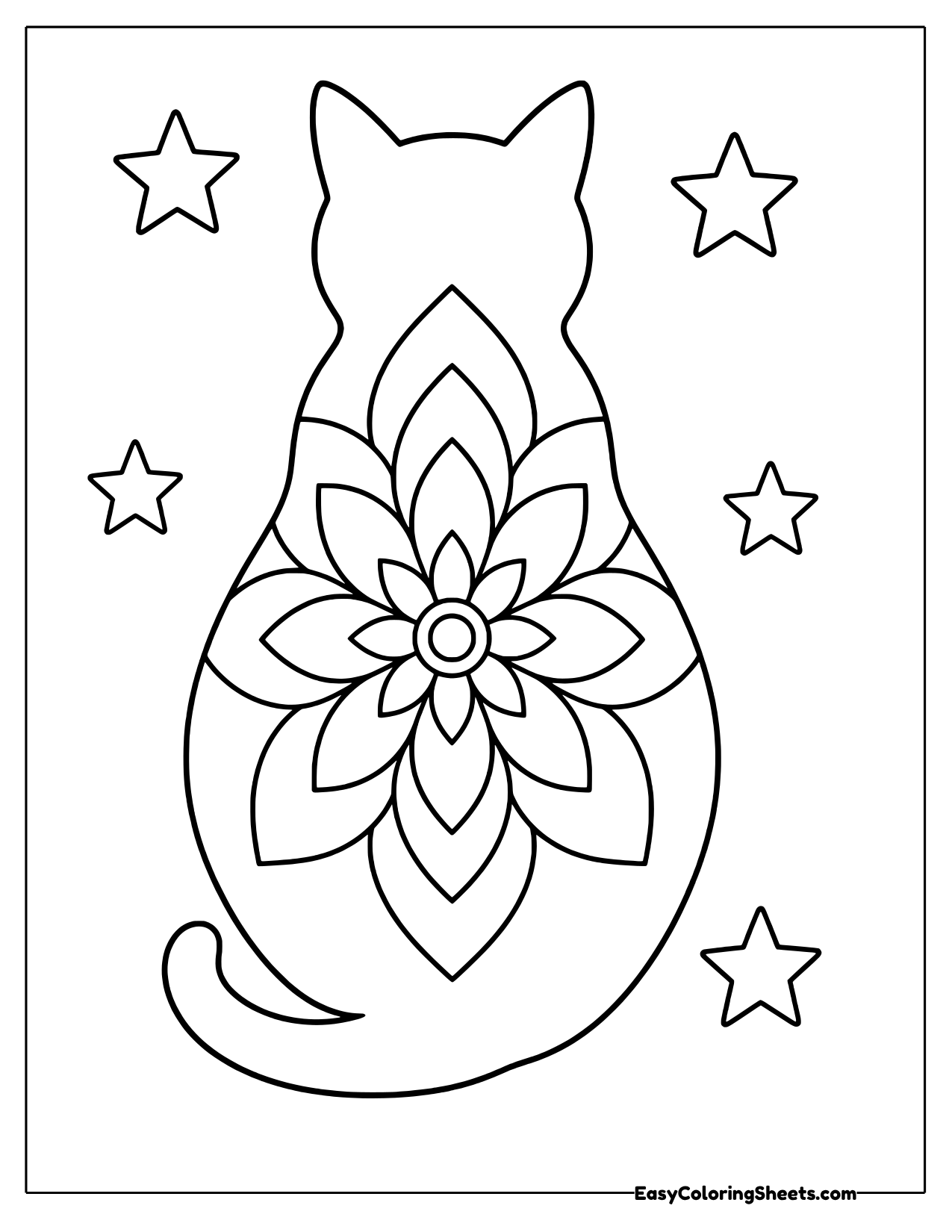 Cat silhouette seen from behind filled with one large petal flower and stars around