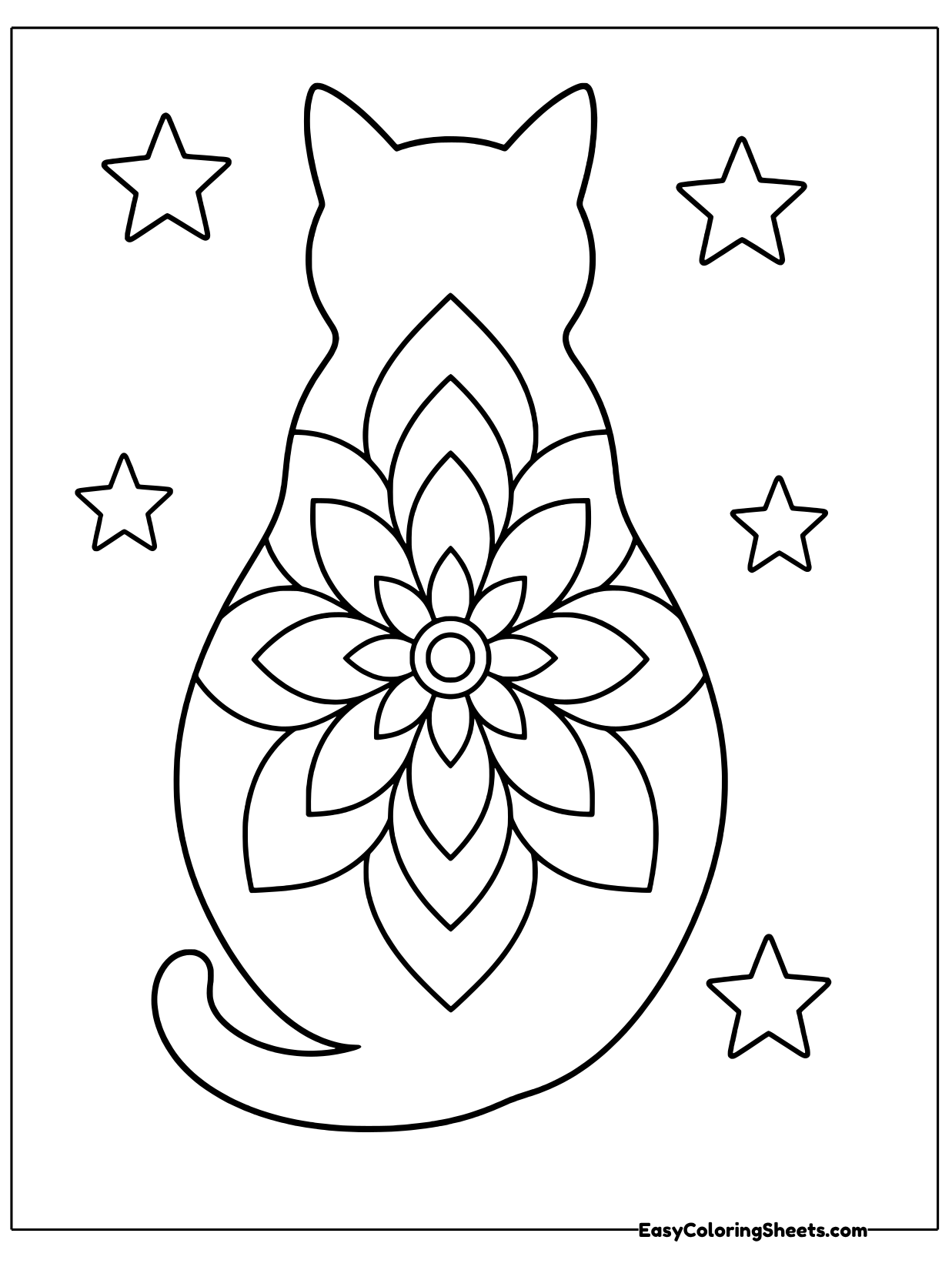 A cat sits with its back to you, ears up and tail curled around its feet, its whole body holding one giant flower made of.