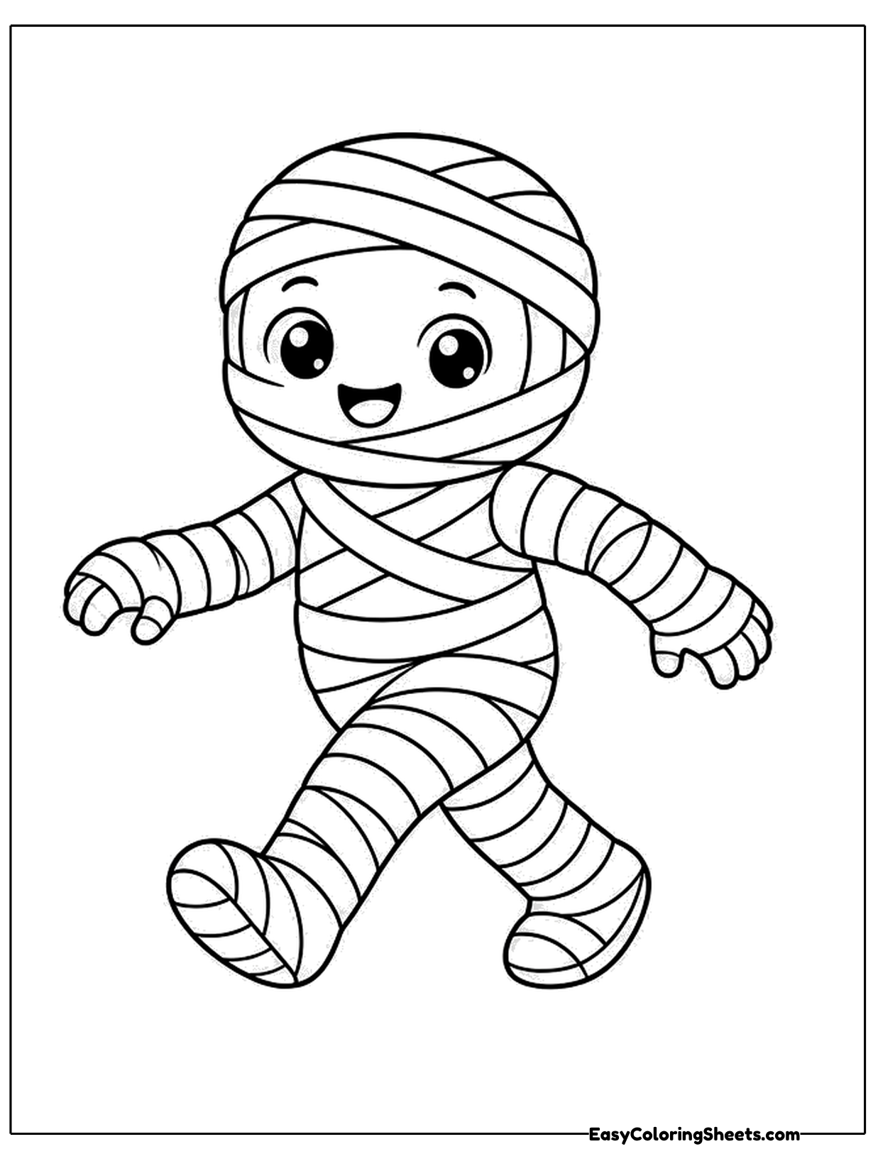 A mummy walks forward with arms stretched out in the classic spooky pose, smiling wide.