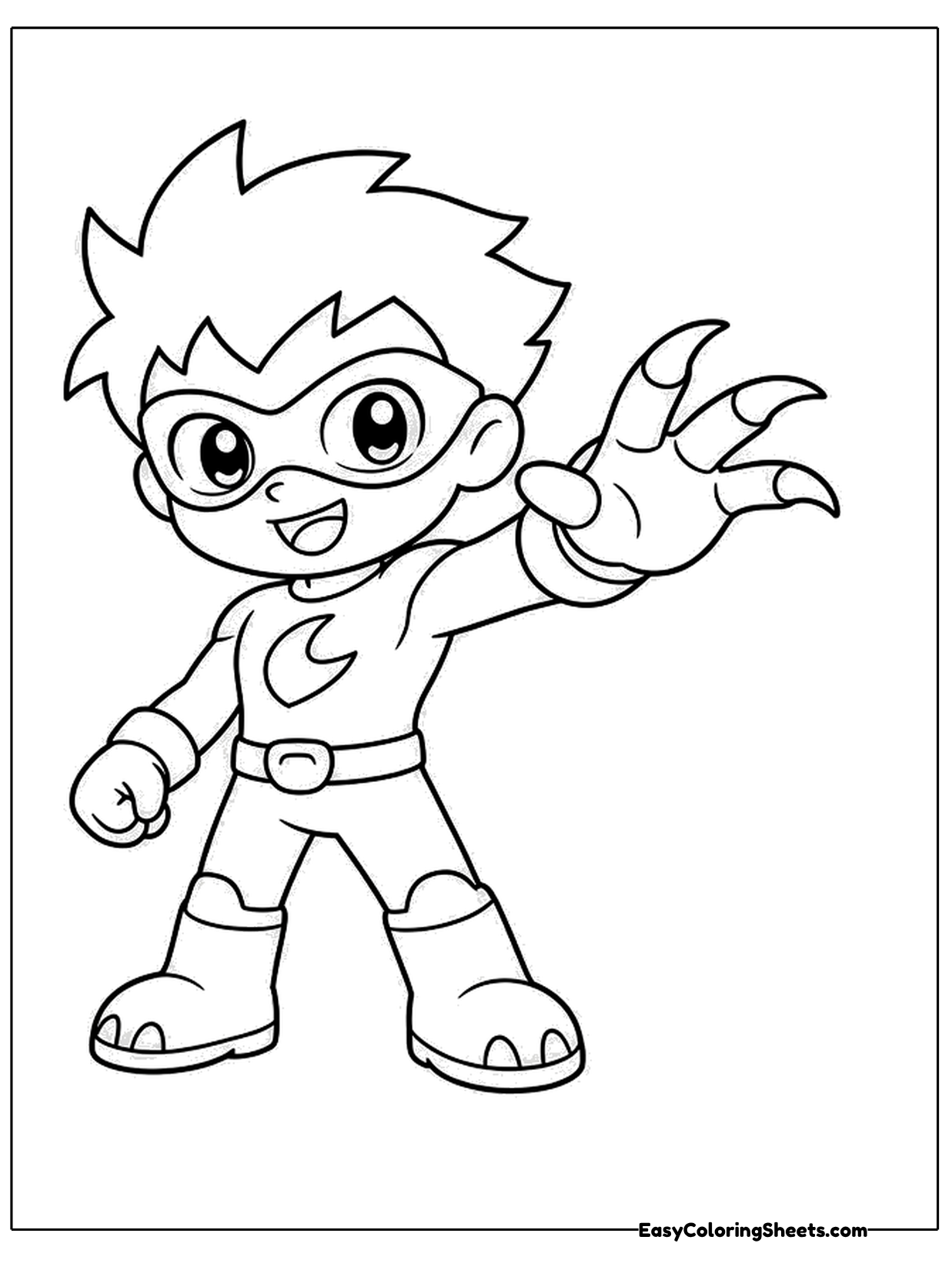 A masked hero with spiky hair holds up clawed hands.