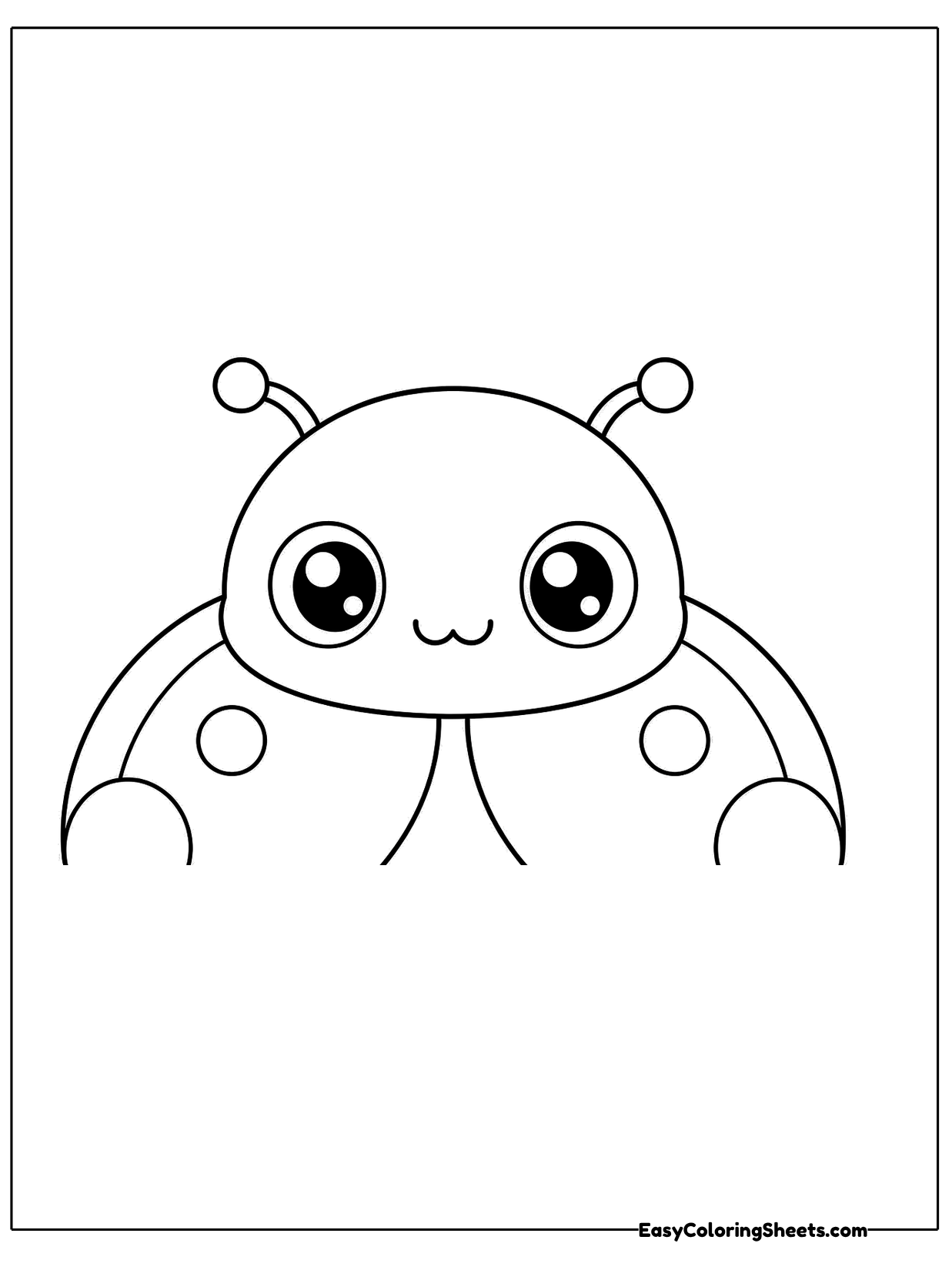 A ladybug's big round face peeks up from the bottom of the page with wide sparkly eyes, a small smile and two antennae.