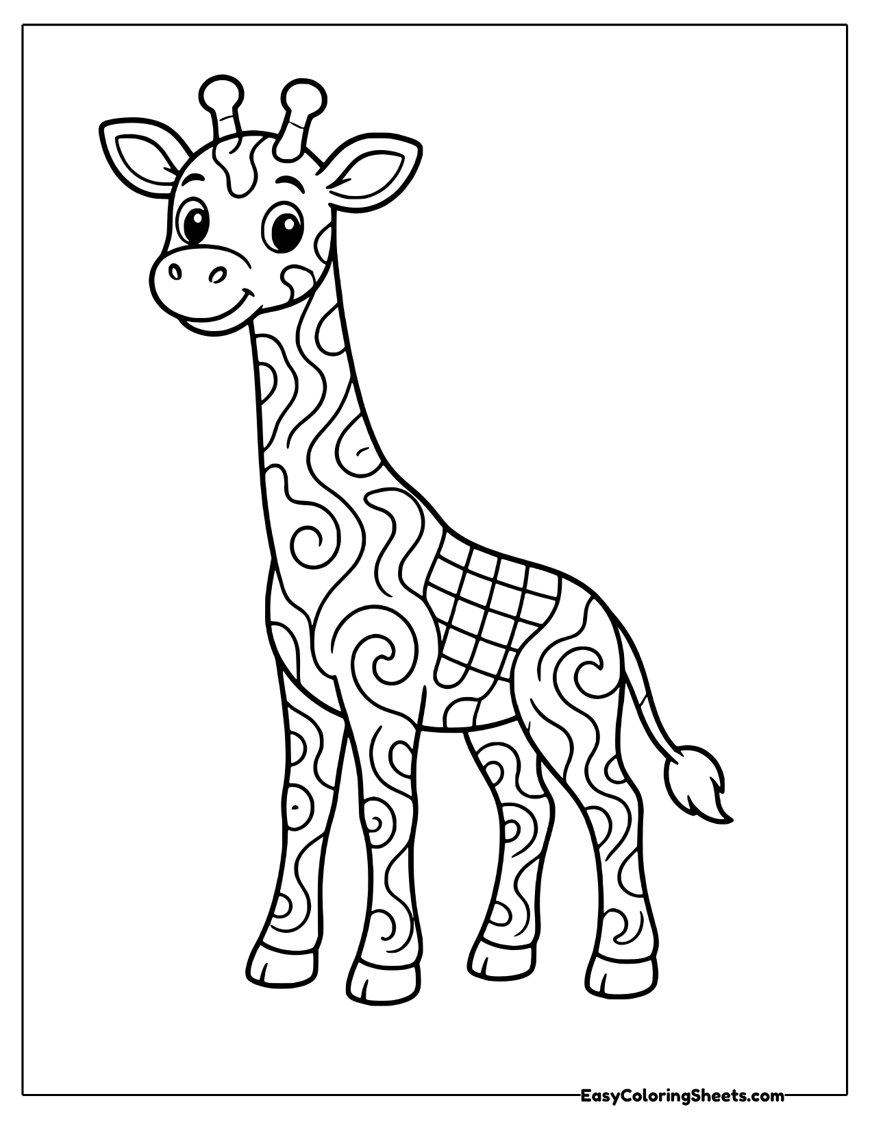Tall giraffe covered in groovy swirls and a checker patch