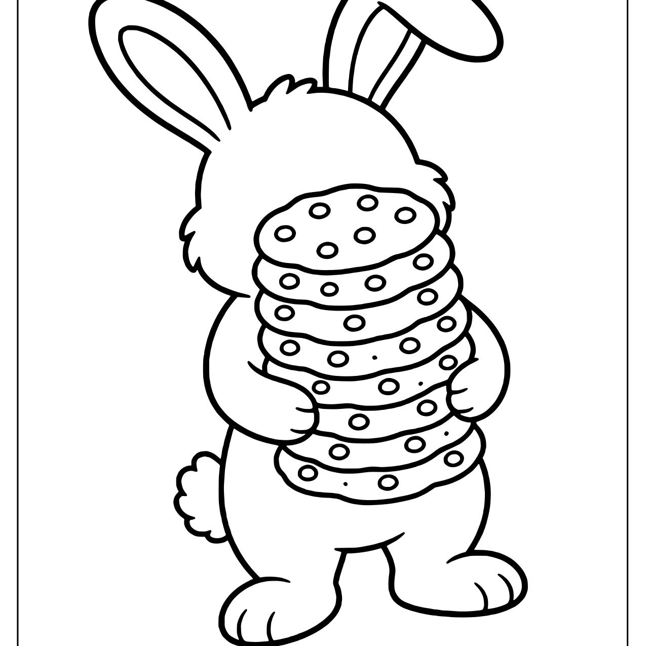 Bunny standing upright holding a tall stack of chocolate chip cookies