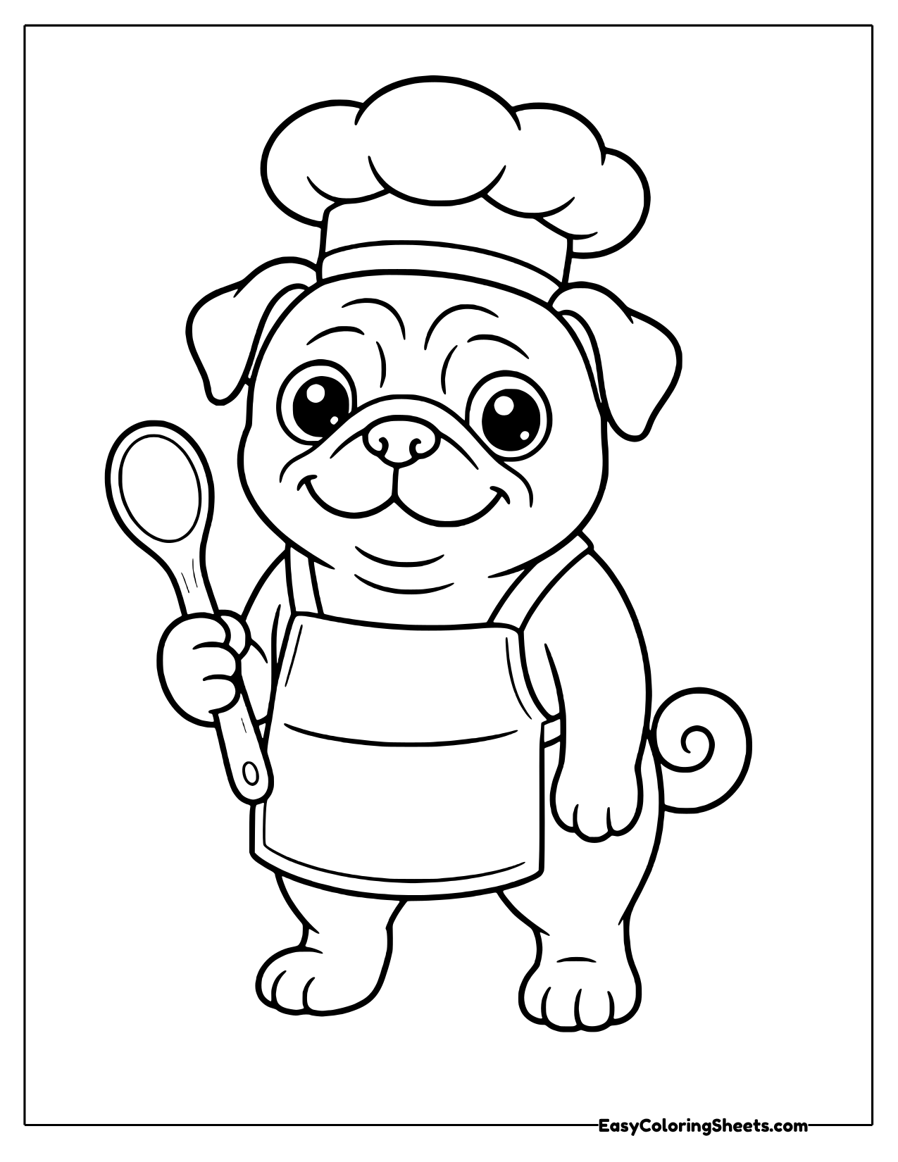 Cheerful pug chef in a puffy hat and apron holding a spoon