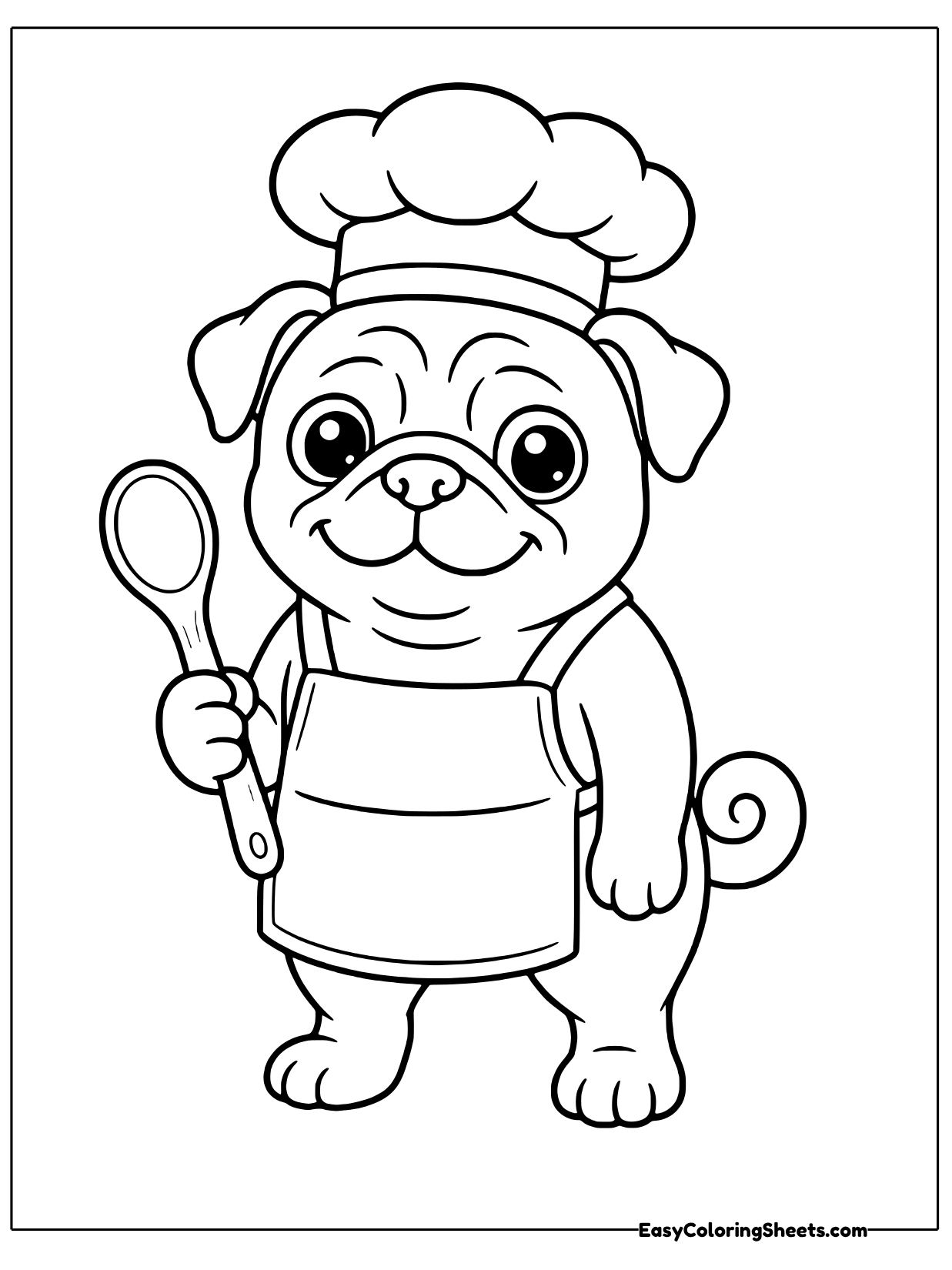 A cheerful pug chef wears a puffy chef hat and an apron while holding a big wooden spoon.