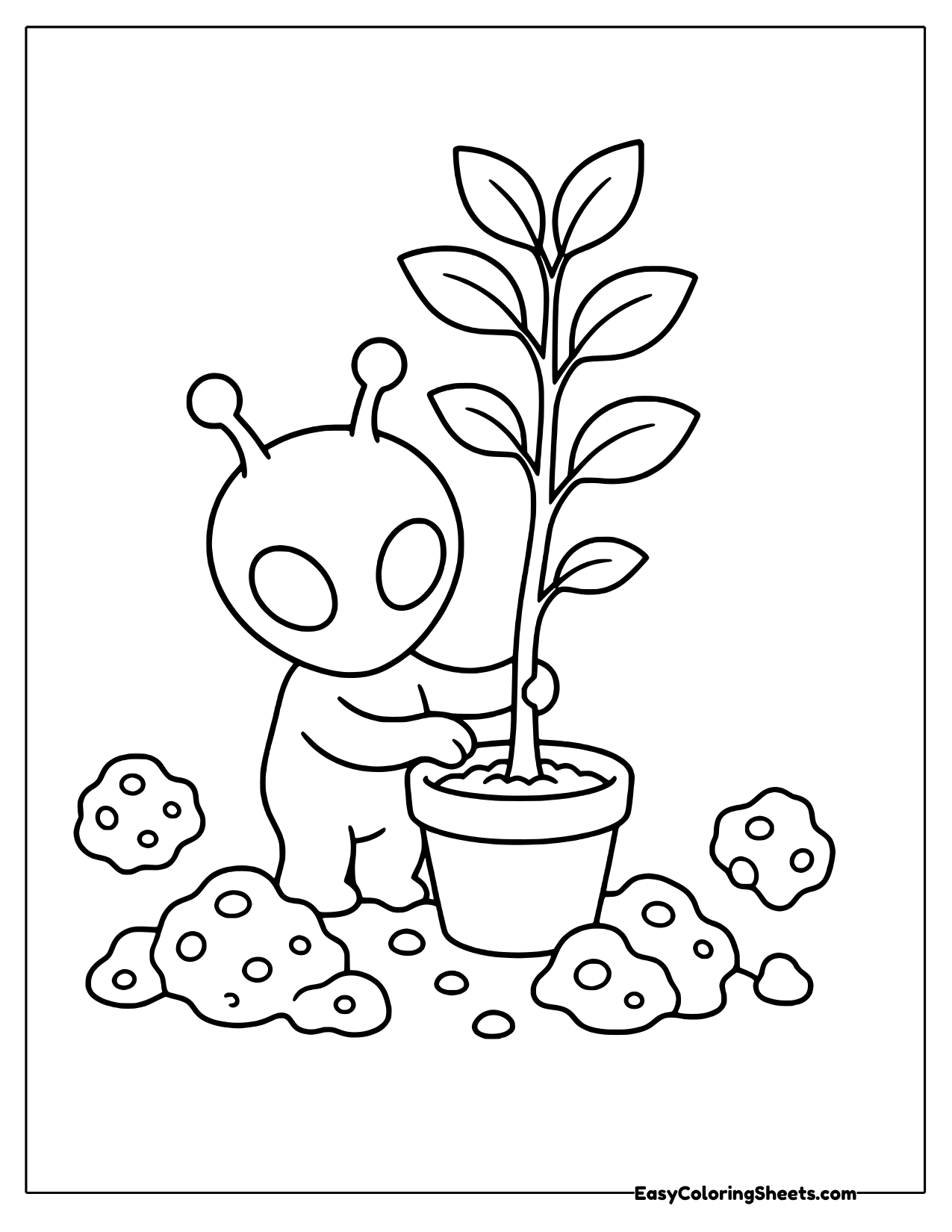 Alien beside a potted plant on a cratered surface