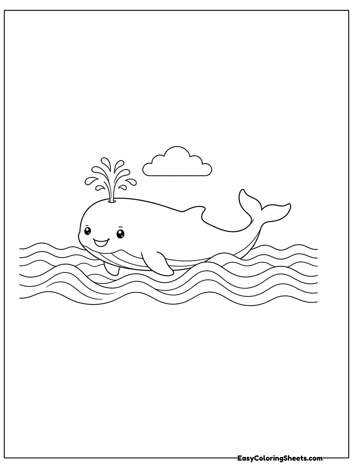 A smiling whale swims in wavy water and spouts a small fountain from its blowhole, with a cloud above.