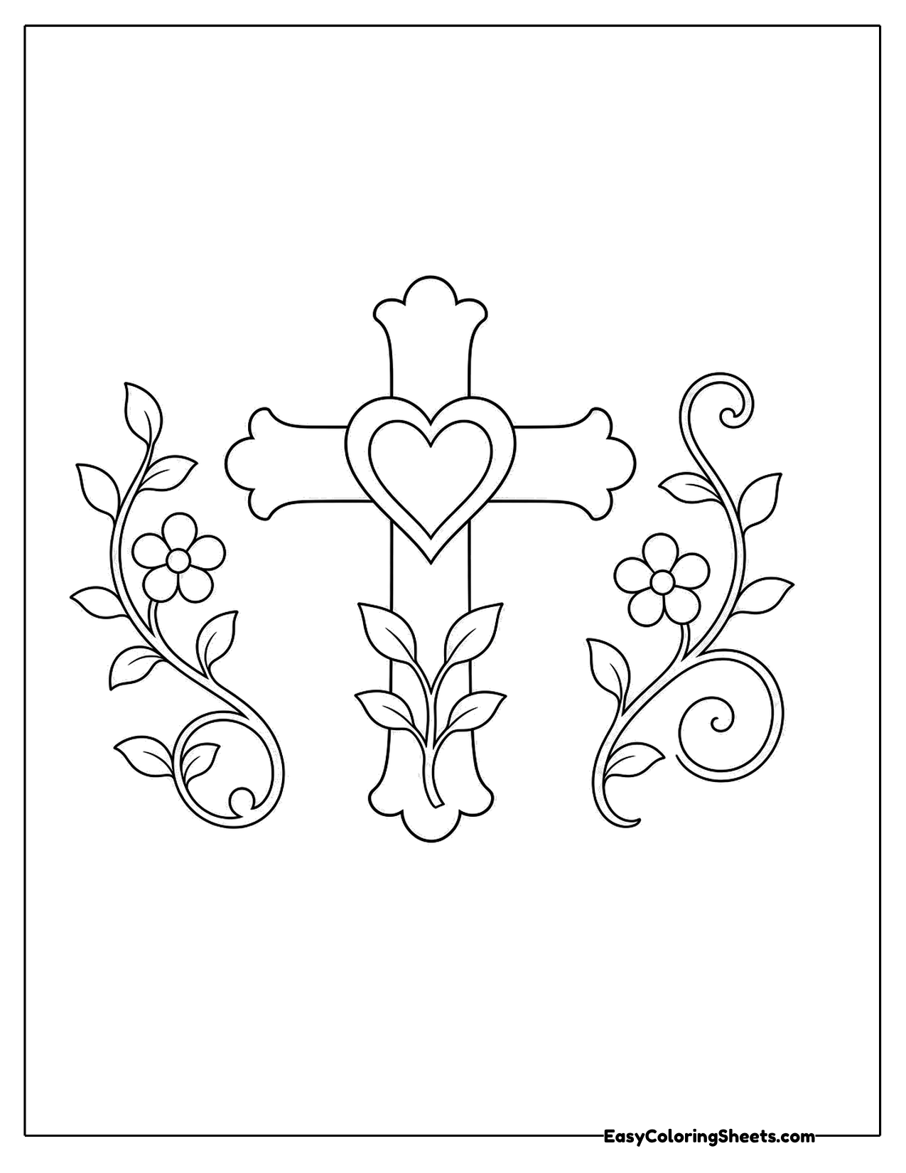 Cross with a heart surrounded by vines and flowers