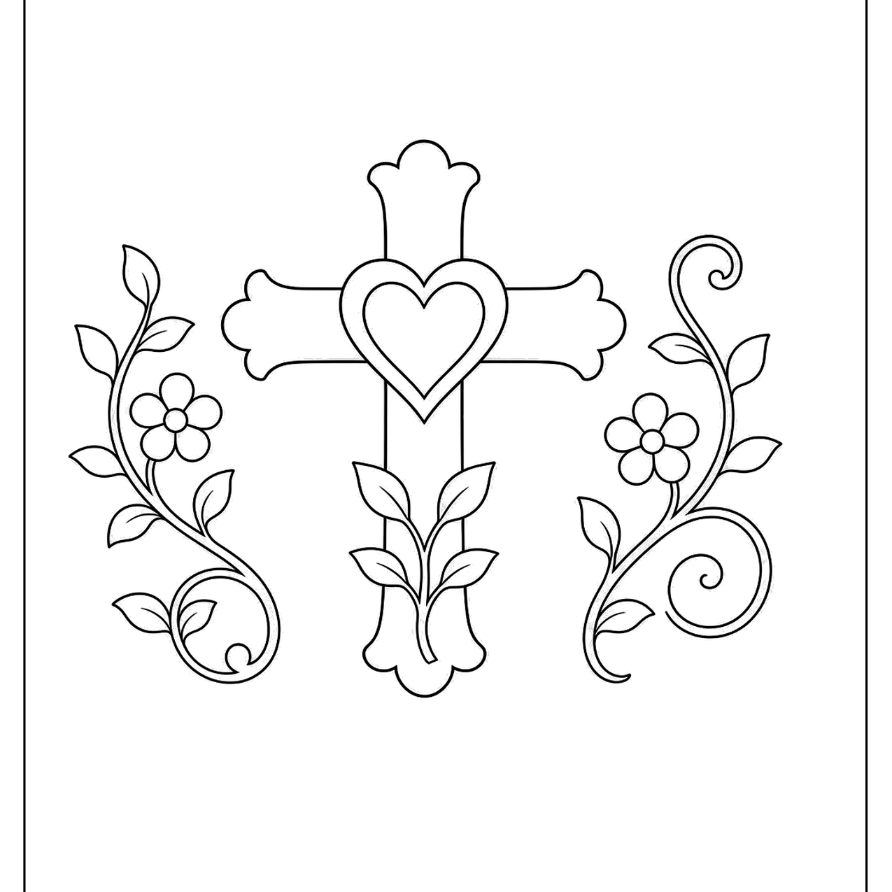 Cross with a heart surrounded by vines and flowers