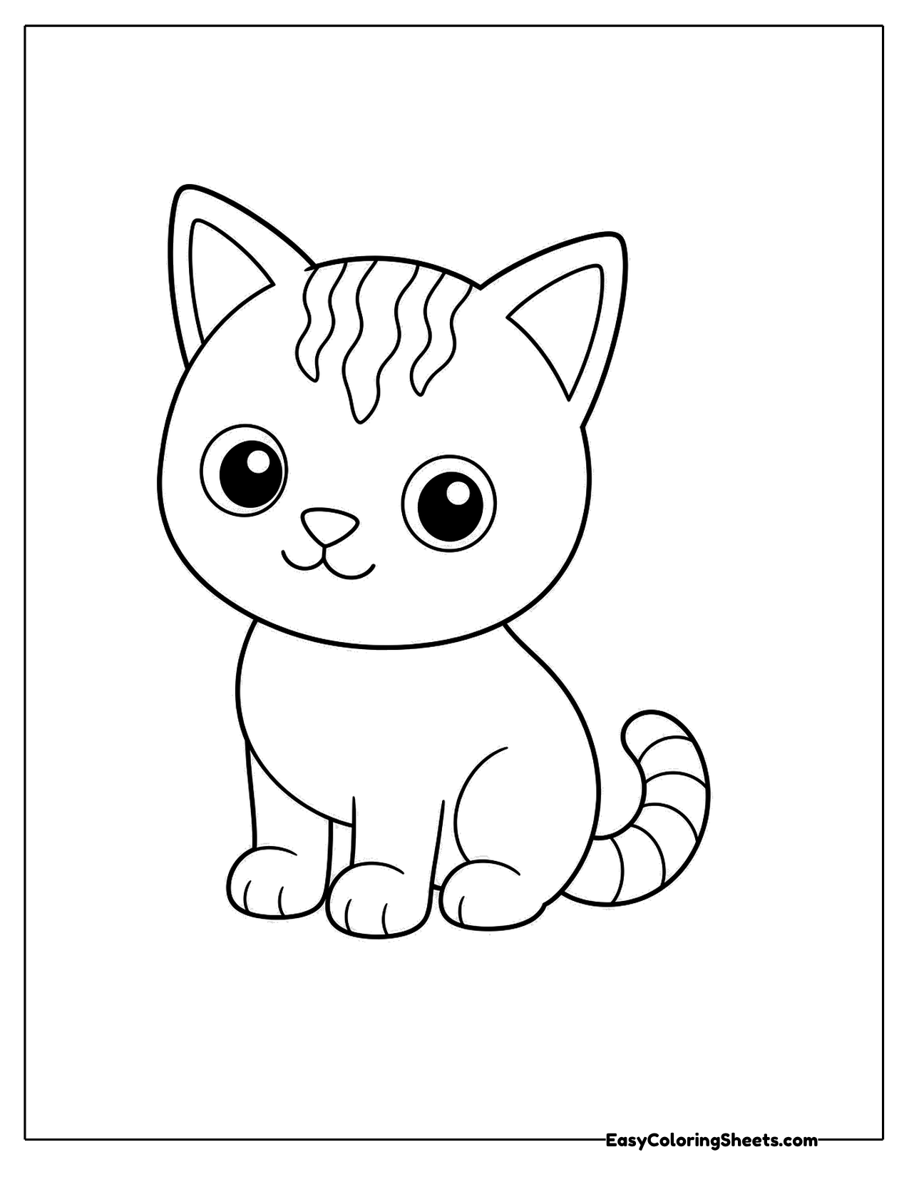 Big-eyed kitten with a striped tail and forehead