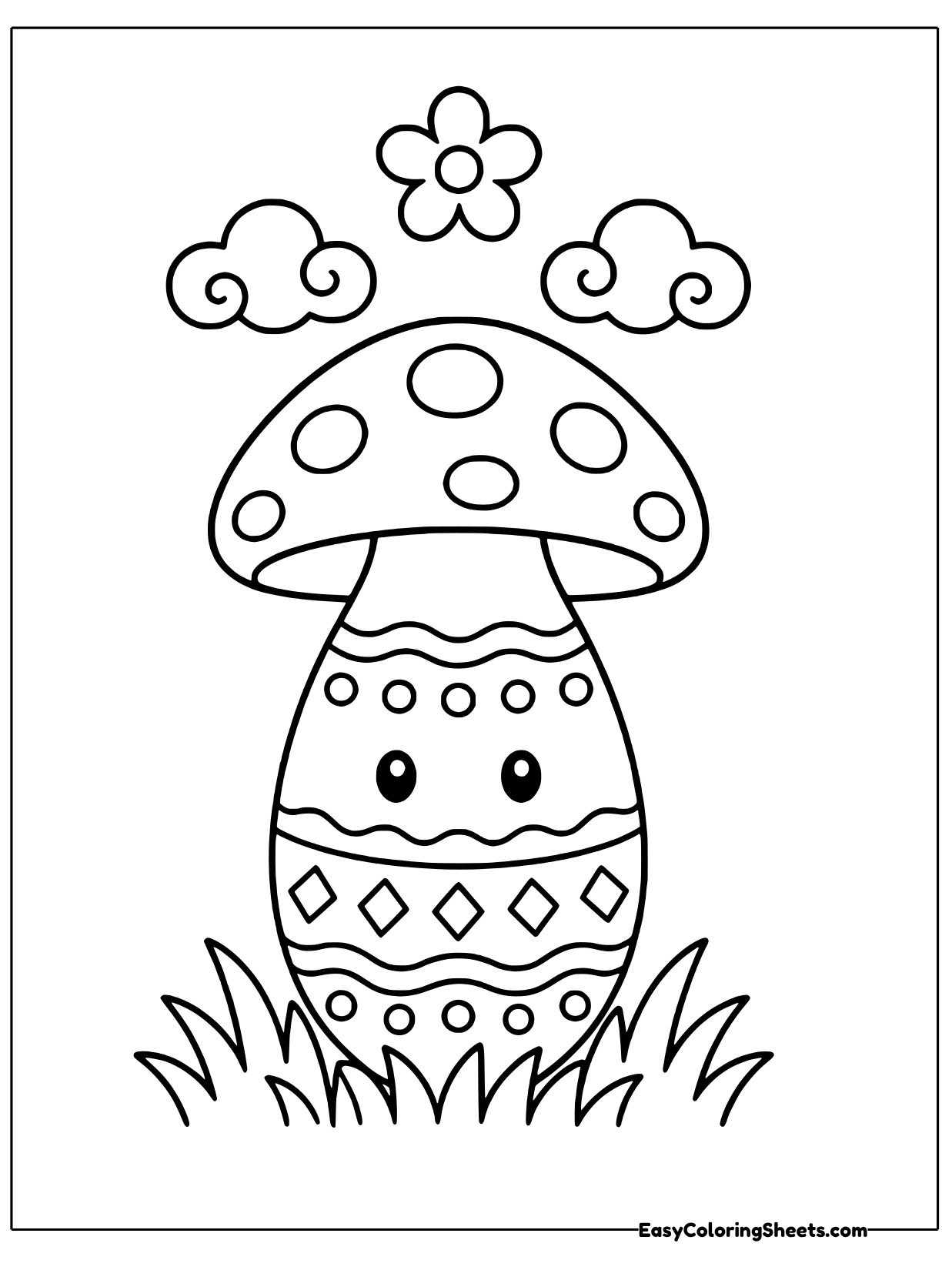 A smiling decorated egg sits under a big spotted mushroom cap like a little umbrella, with clouds above.