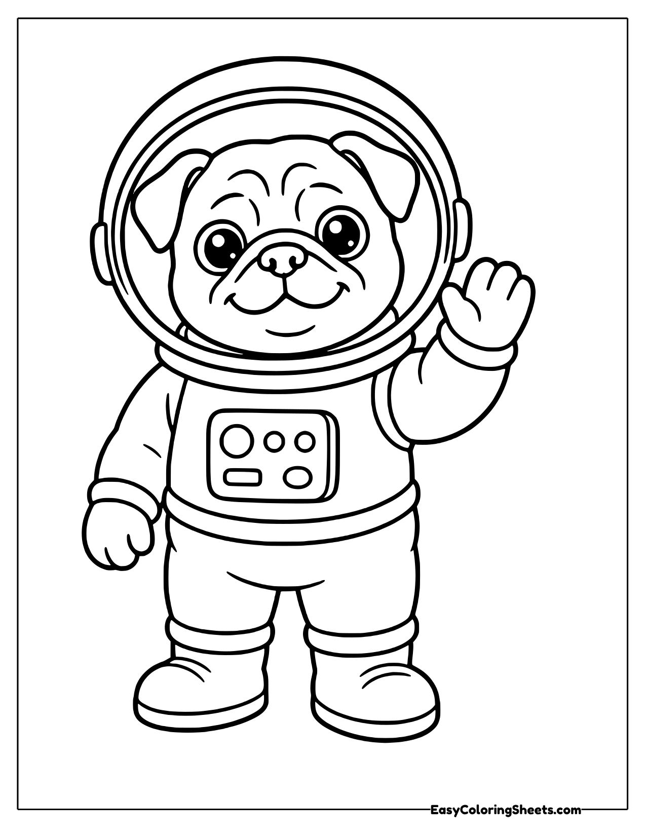 Brave little pug in a space suit and helmet waving one paw