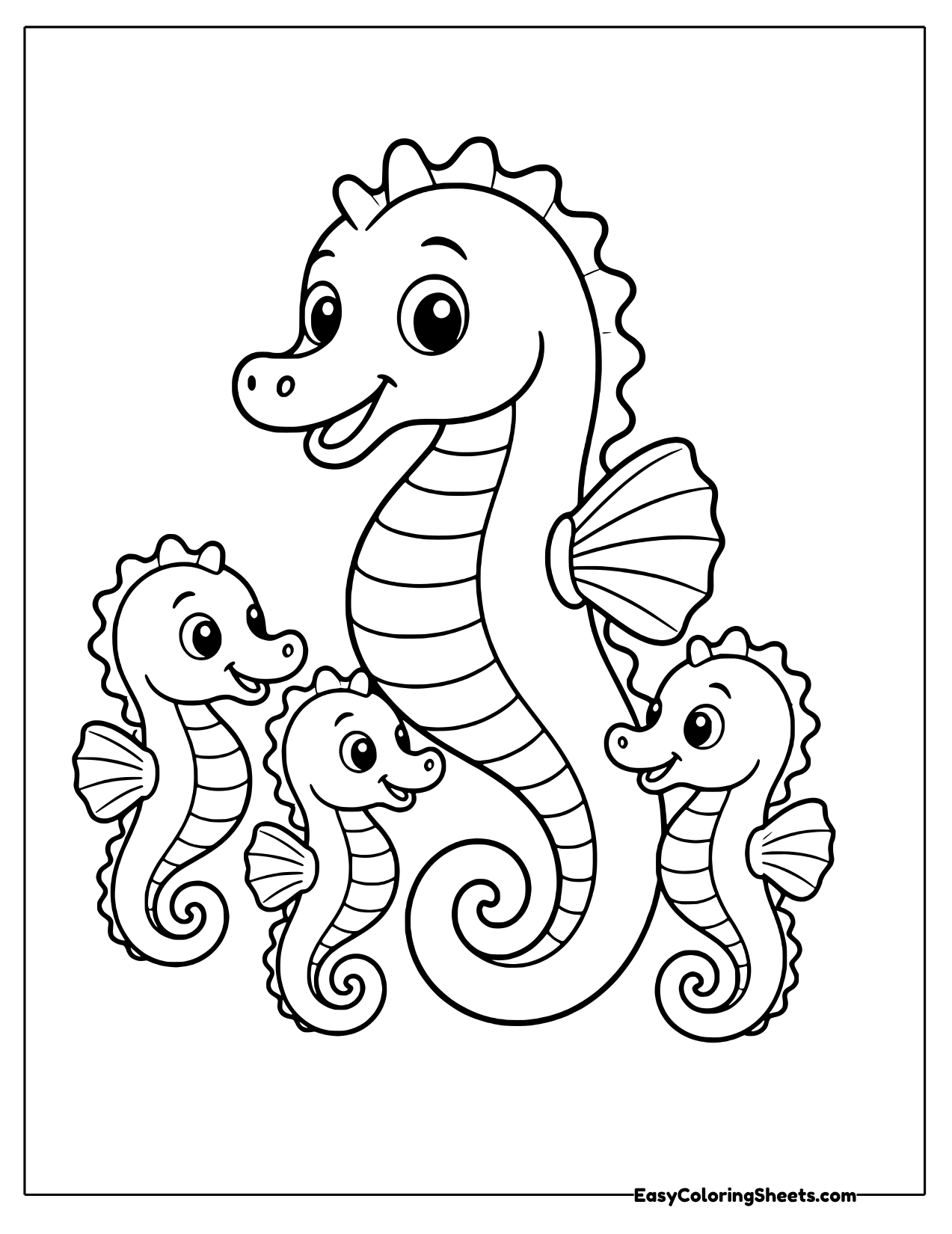 Seahorse dad surrounded by four tiny seahorse babies