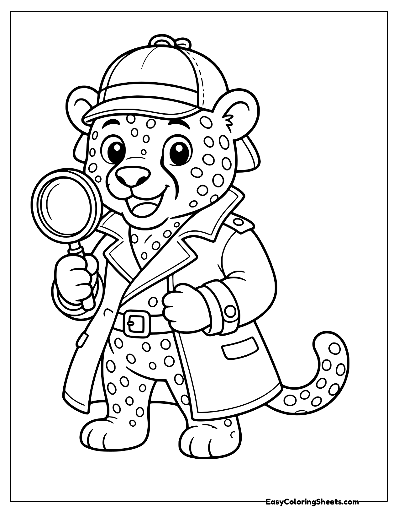 Cheetah detective in a deerstalker hat and trench coat holding a magnifying glass
