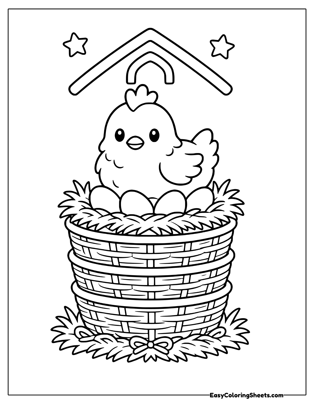 Hen sitting in a woven basket full of eggs