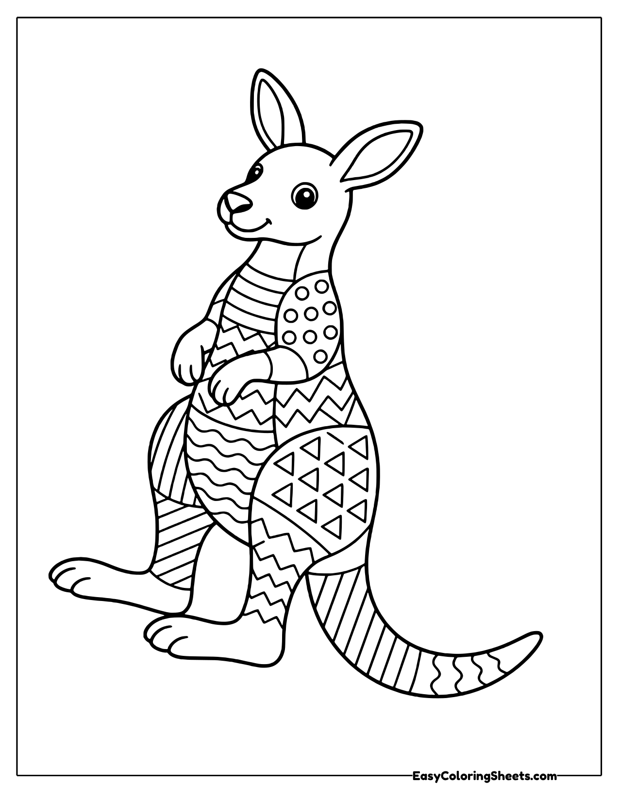 Standing kangaroo with patchwork sections of triangles, zigzags, waves and dots