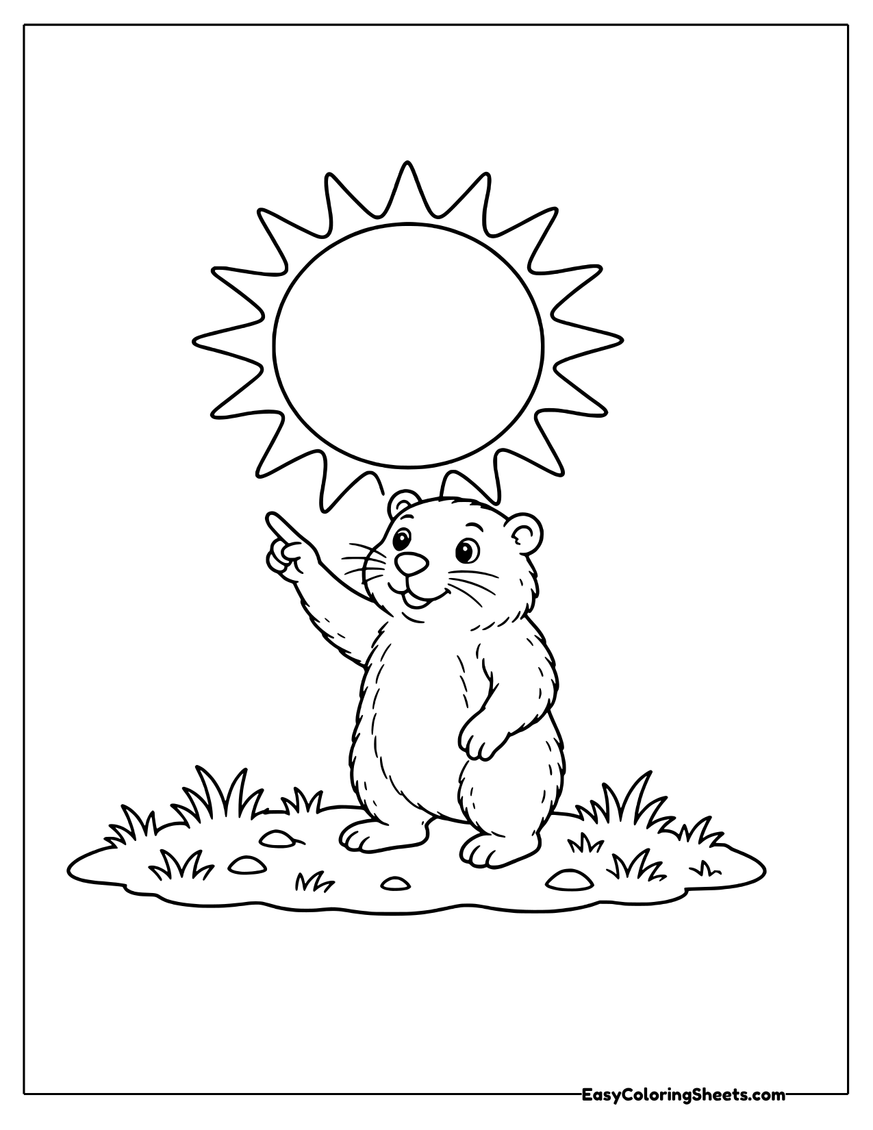 Small groundhog on a grassy mound pointing up at a large bright sun