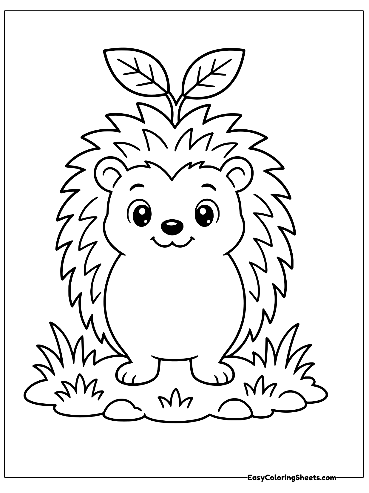 Standing tall on its back legs, this hedgehog has a spiky coat that frames its smiling face and a little sprout with two.