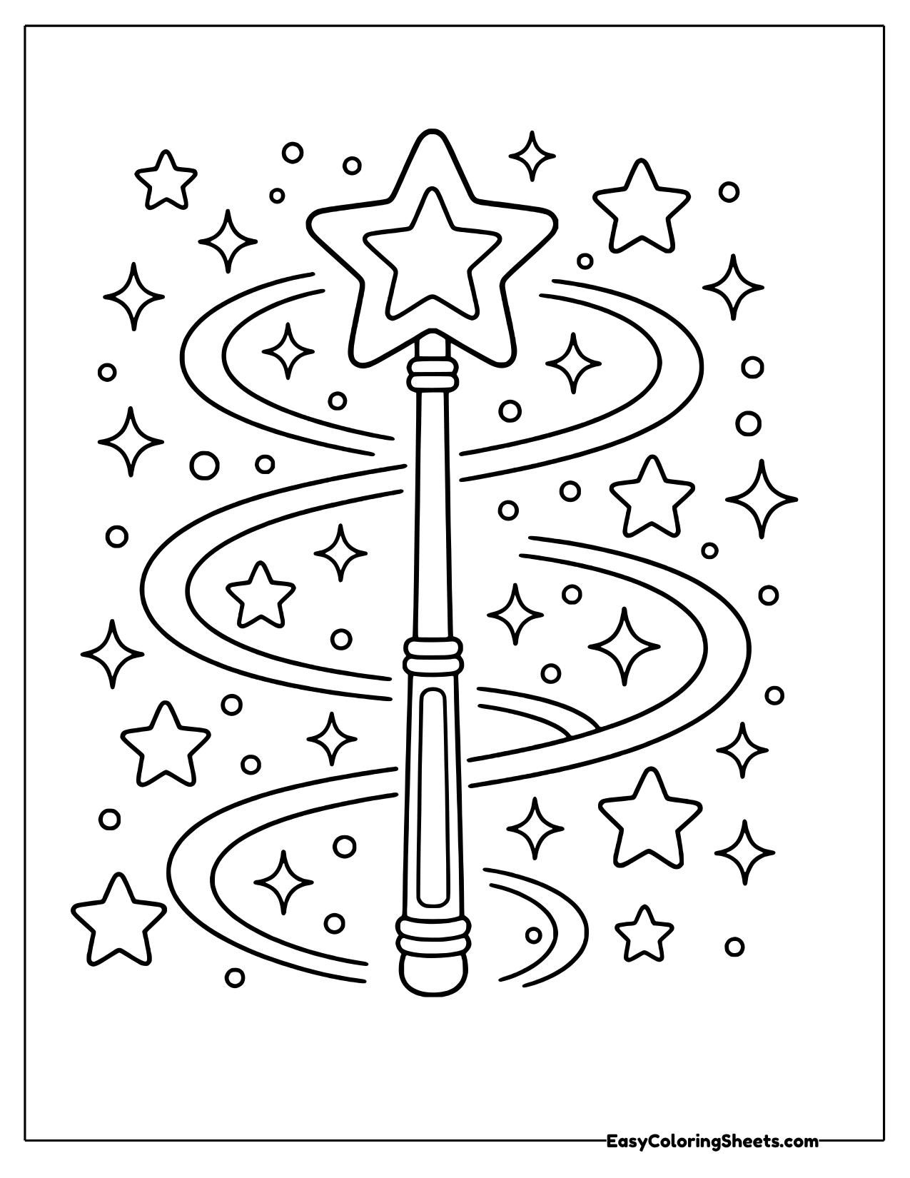 A long magic wand topped with a big star stands in the center while ribbon-like trails swirl around it.