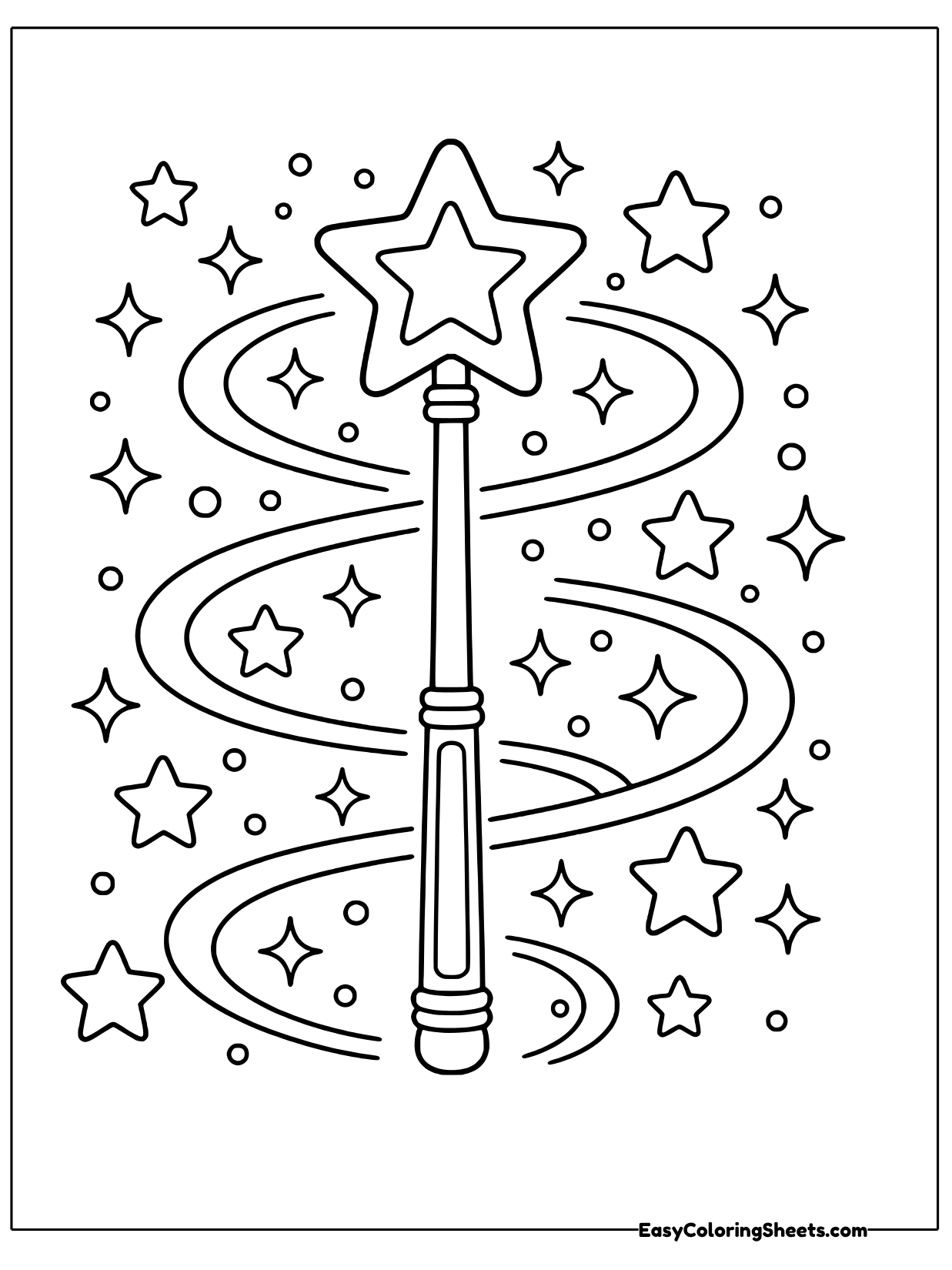 A long magic wand topped with a big star stands in the center while ribbon-like trails swirl around it.