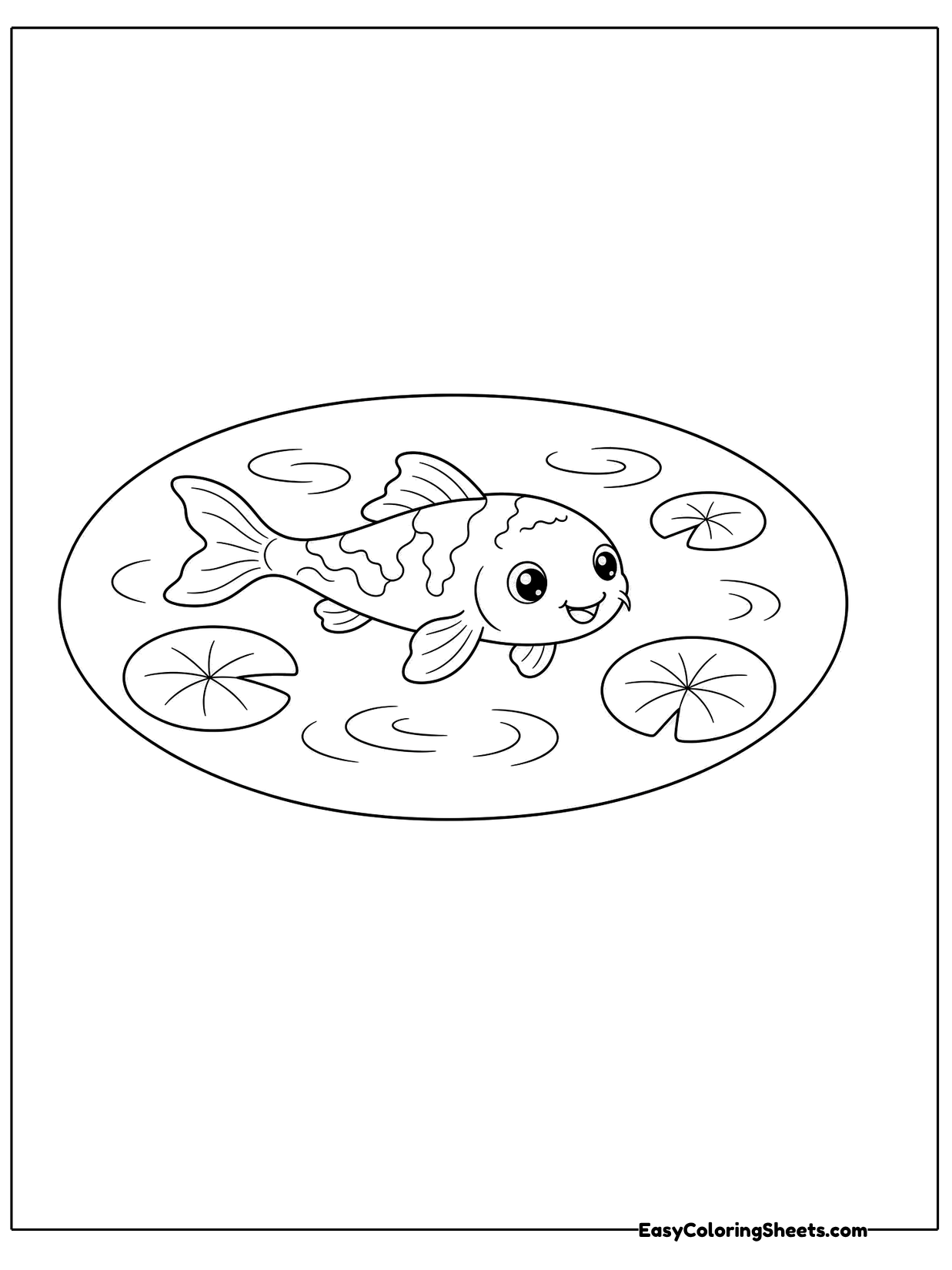 A small oval pond holds a koi swimming among lily pads.
