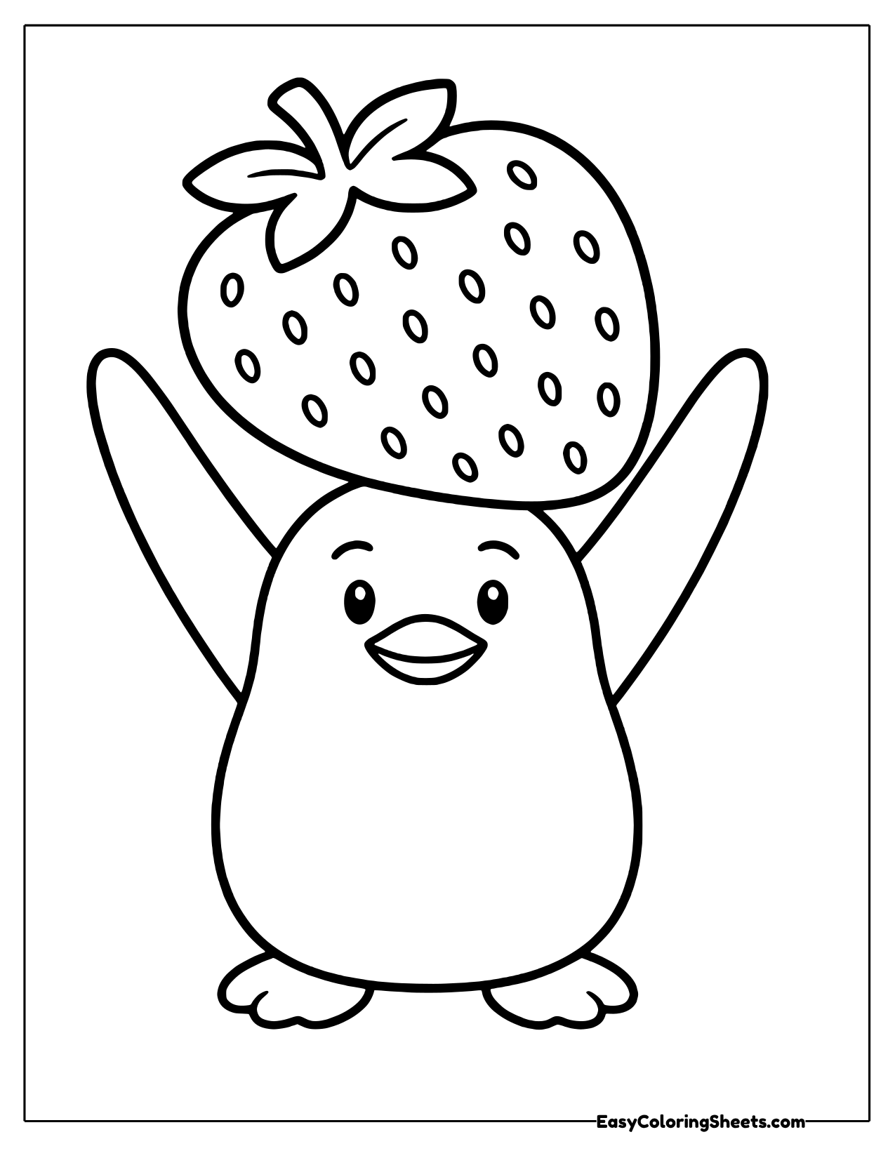 Cheerful penguin balancing a giant strawberry on its head
