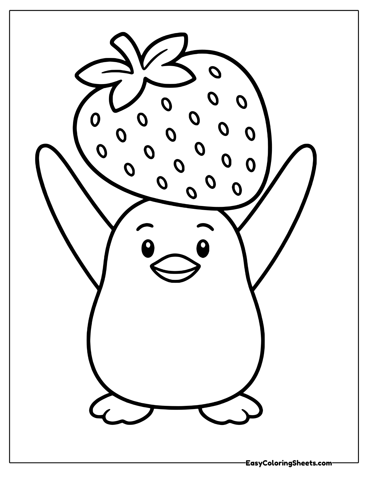Cheerful penguin balancing a giant strawberry on its head