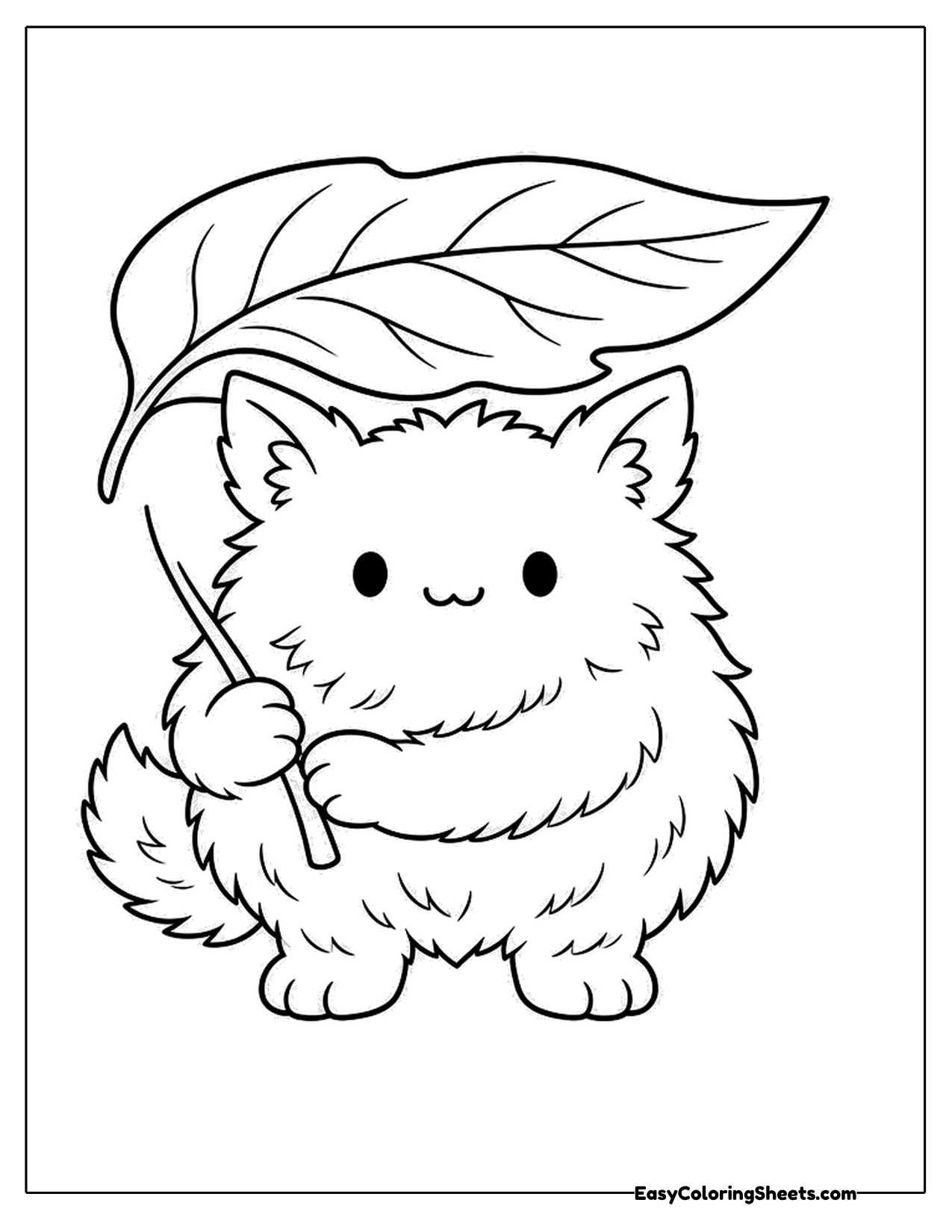 Fluffy creature holding a leaf like an umbrella