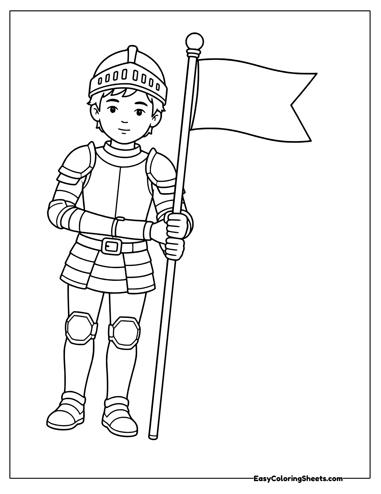Young knight in armor standing and holding a tall banner