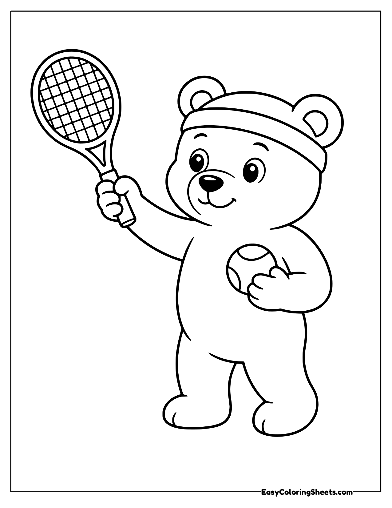 Bear in a sweatband raising a tennis racket and holding a ball to serve