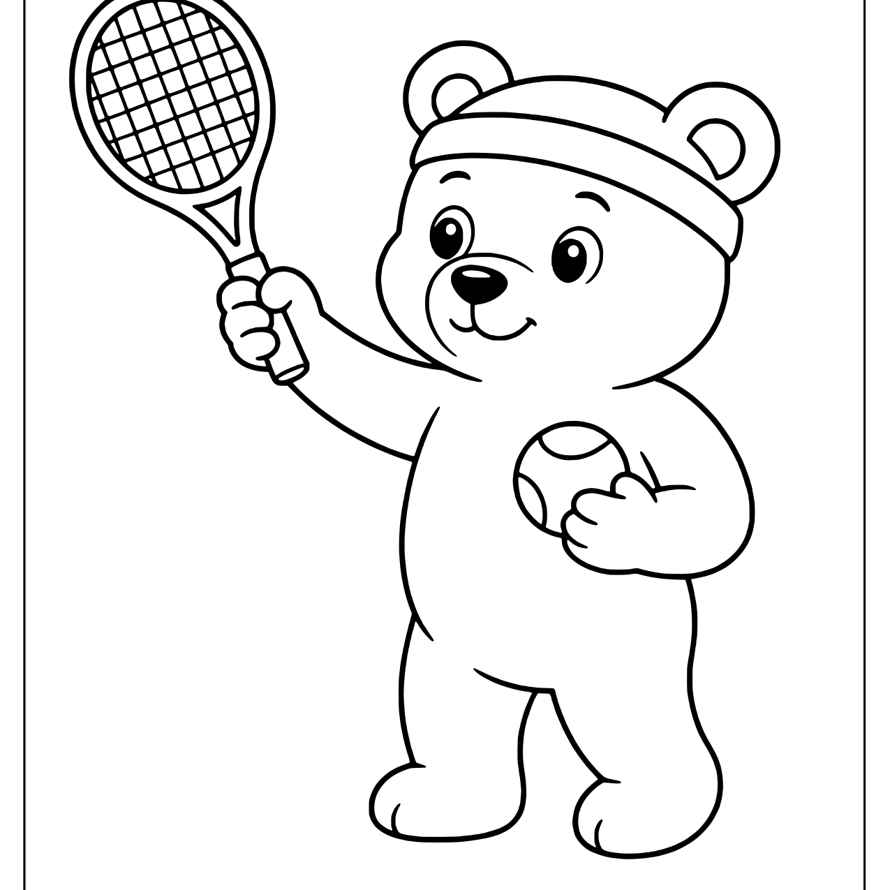 Bear in a sweatband raising a tennis racket and holding a ball to serve