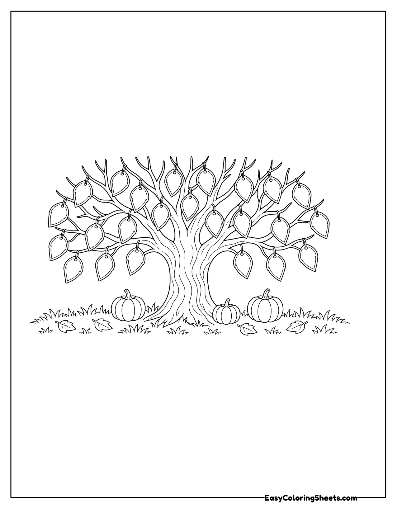 Large tree with heart-shaped leaves and pumpkins at its base