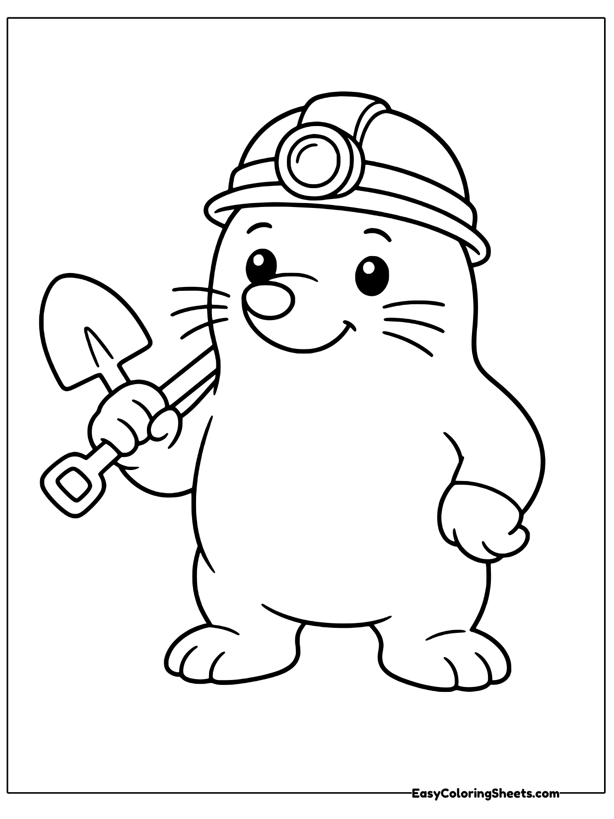 A mole wearing a miner's helmet with a lamp holds a pickaxe over its shoulder and smiles.