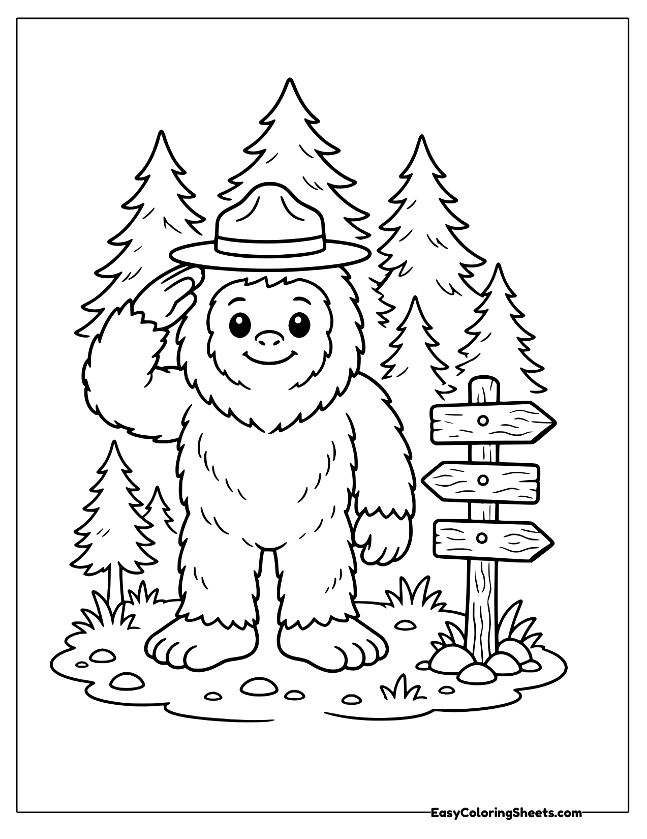 Bigfoot ranger saluting beside a trail sign