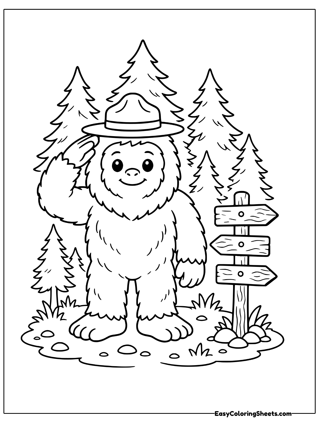 A Bigfoot wearing a ranger hat salutes beside a wooden trail sign in a pine forest.