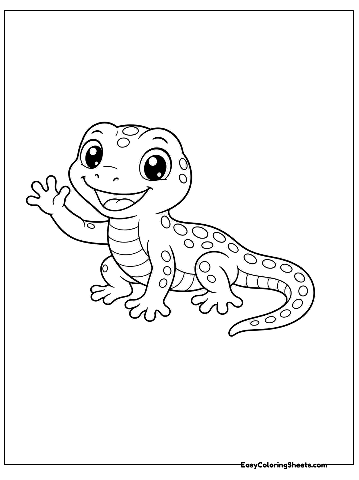 A cheerful lizard with round spots and wide toe pads lifts one hand in a wave while its tail curls behind.