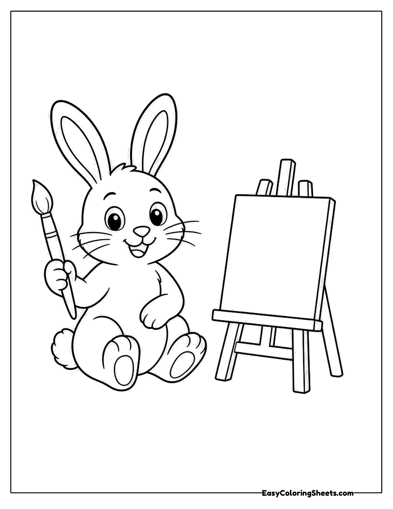 Bunny holding a paintbrush next to an easel