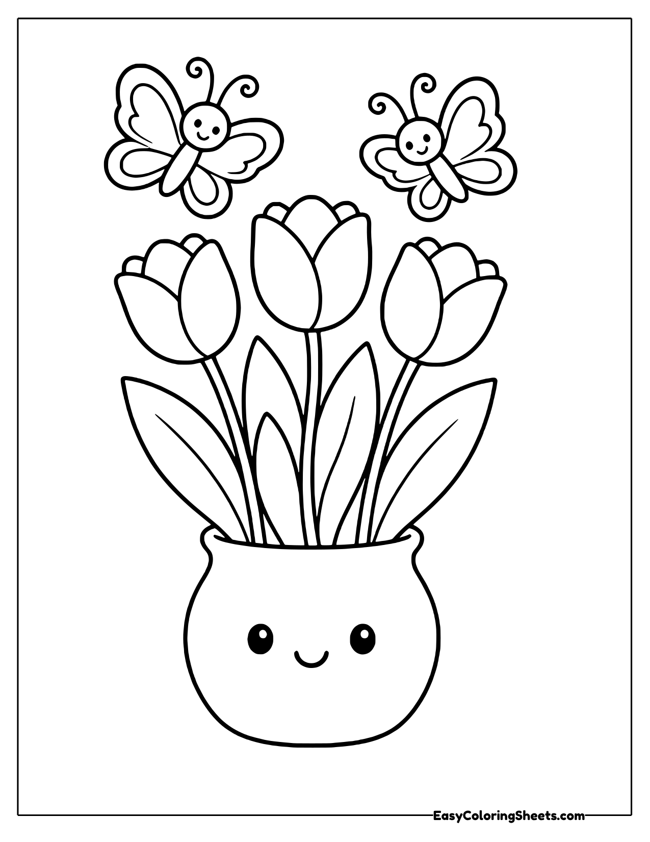 Tulip bouquet in a smiling vase with butterflies