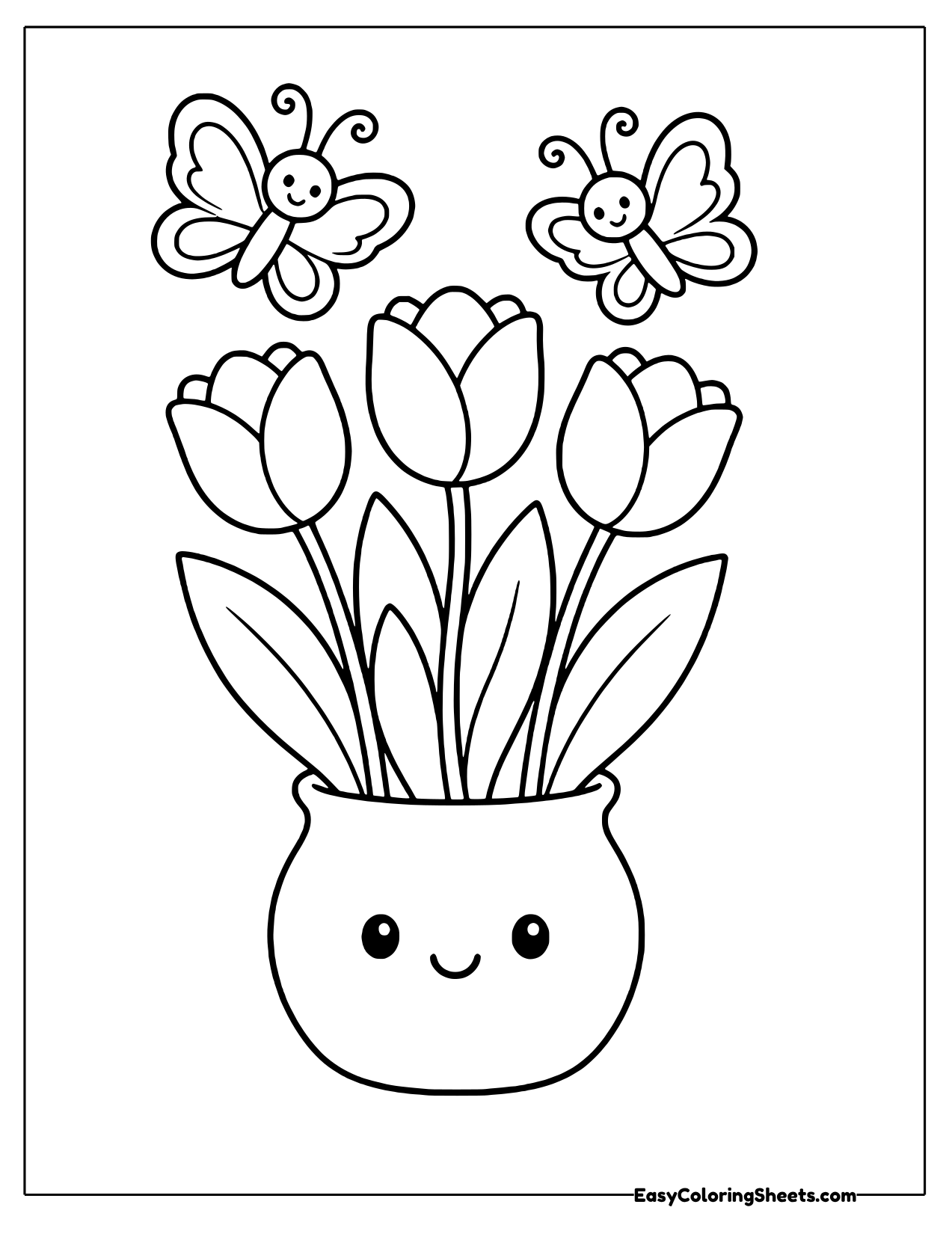 Tulip bouquet in a smiling vase with butterflies