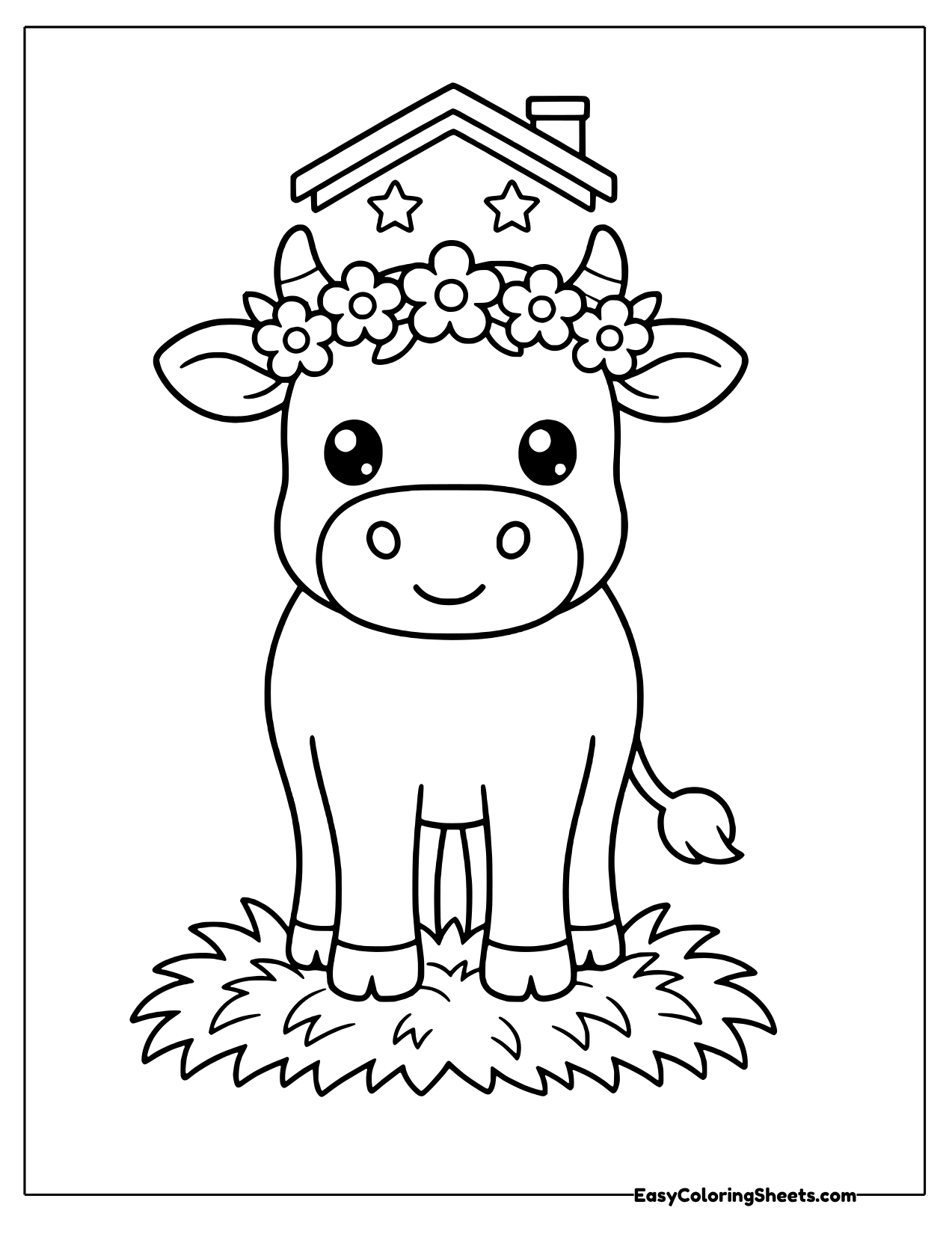 Cow wearing a flower crown standing in a grassy patch