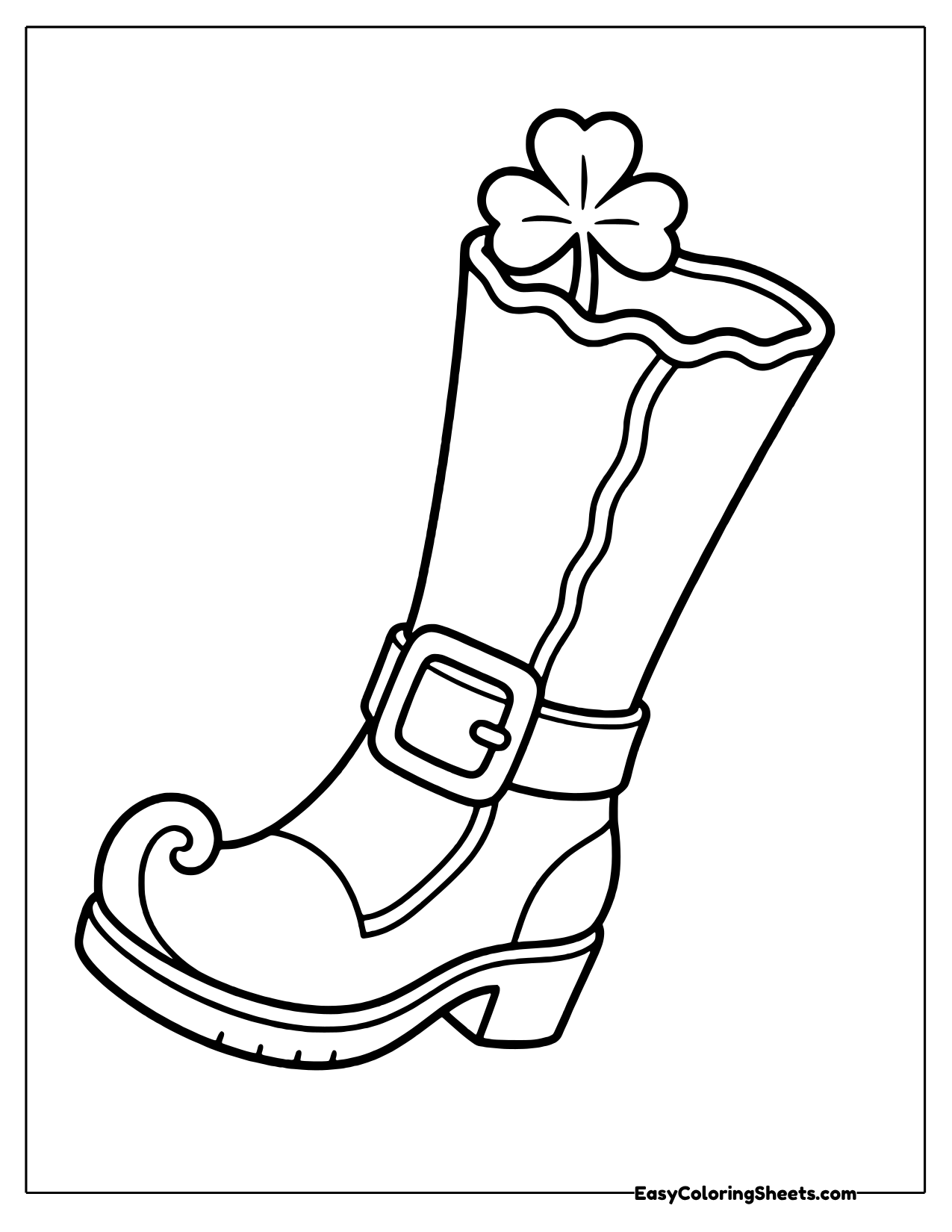 Tall leprechaun boot with a curled toe, buckle and a shamrock in the cuff