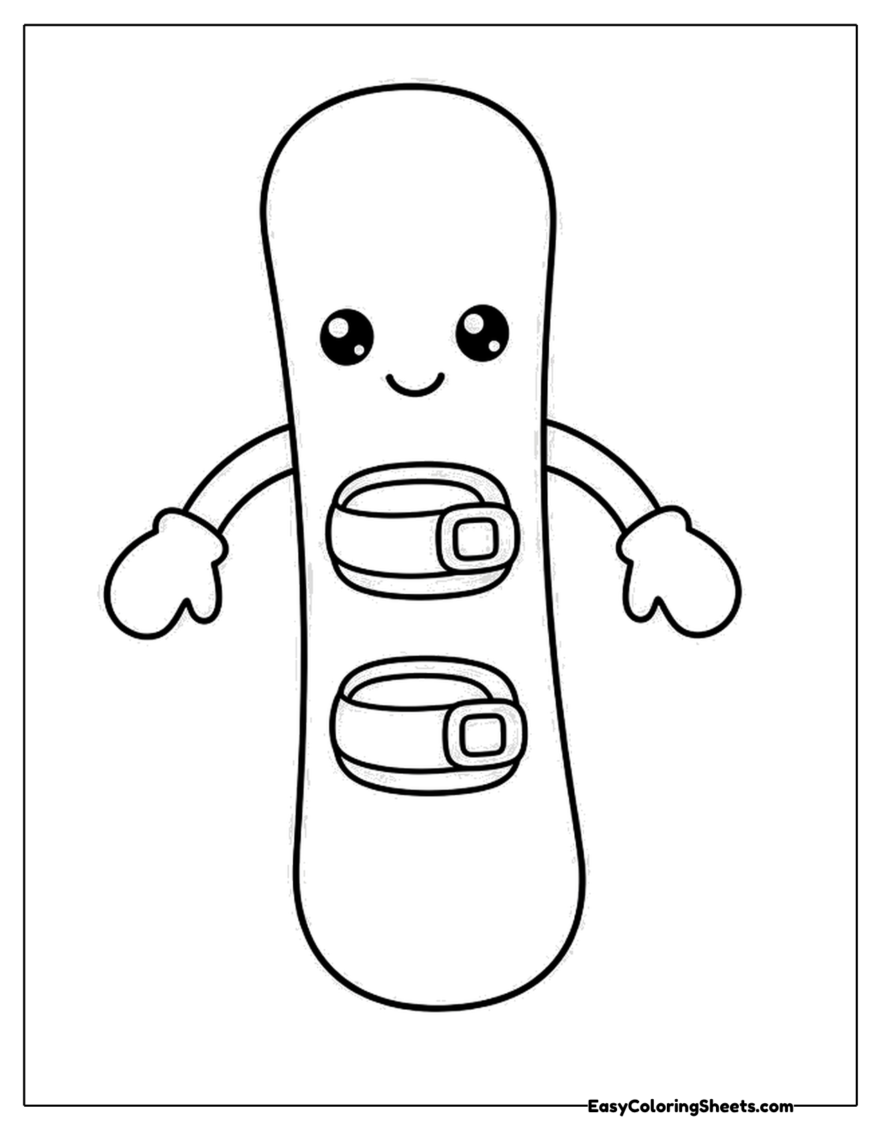 Upright snowboard with a smiling face, mittens and two bindings